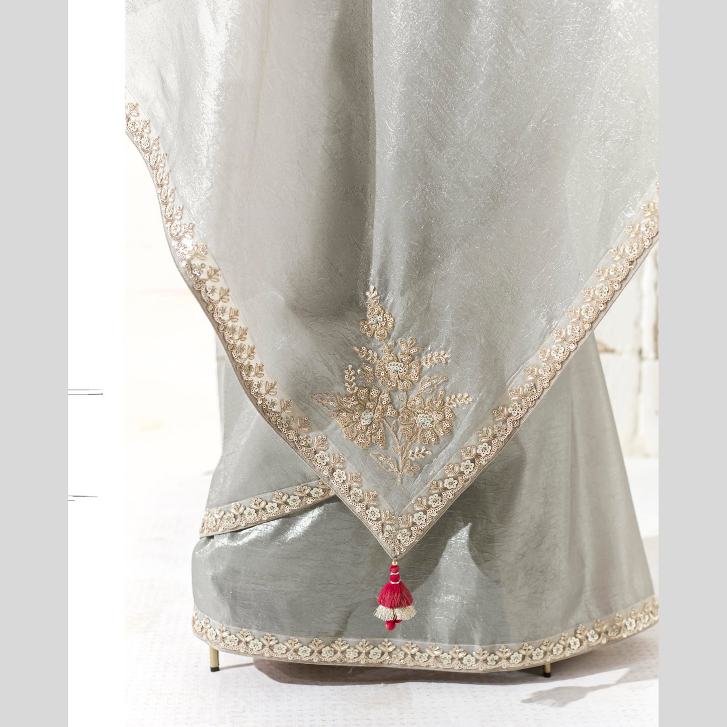 light grey with pinkish Runway Organza Tissue Saree with Heavy Embroidered Border