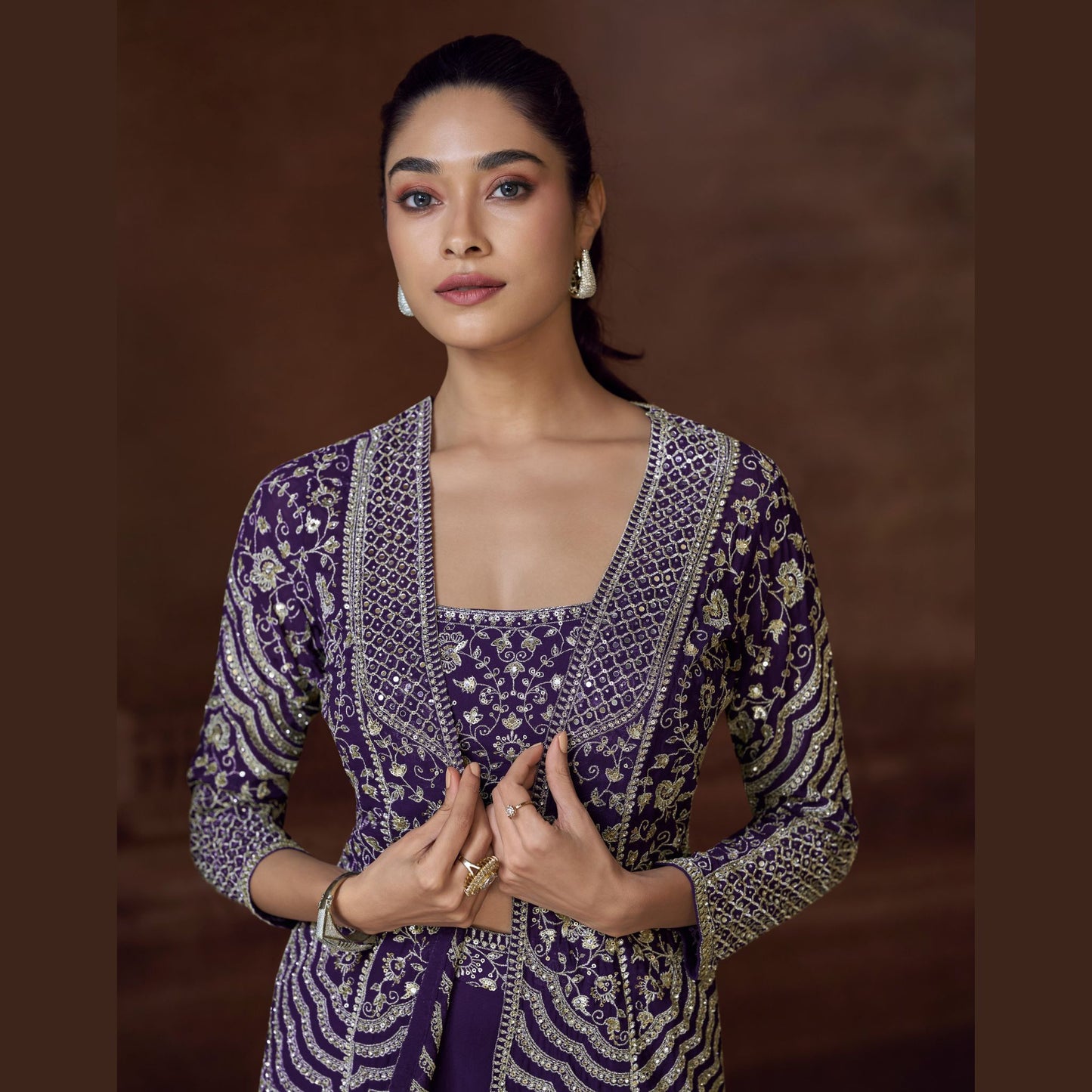 Ira Midnight palazzo set with sequin-embroidered bustier and jacket in zari
