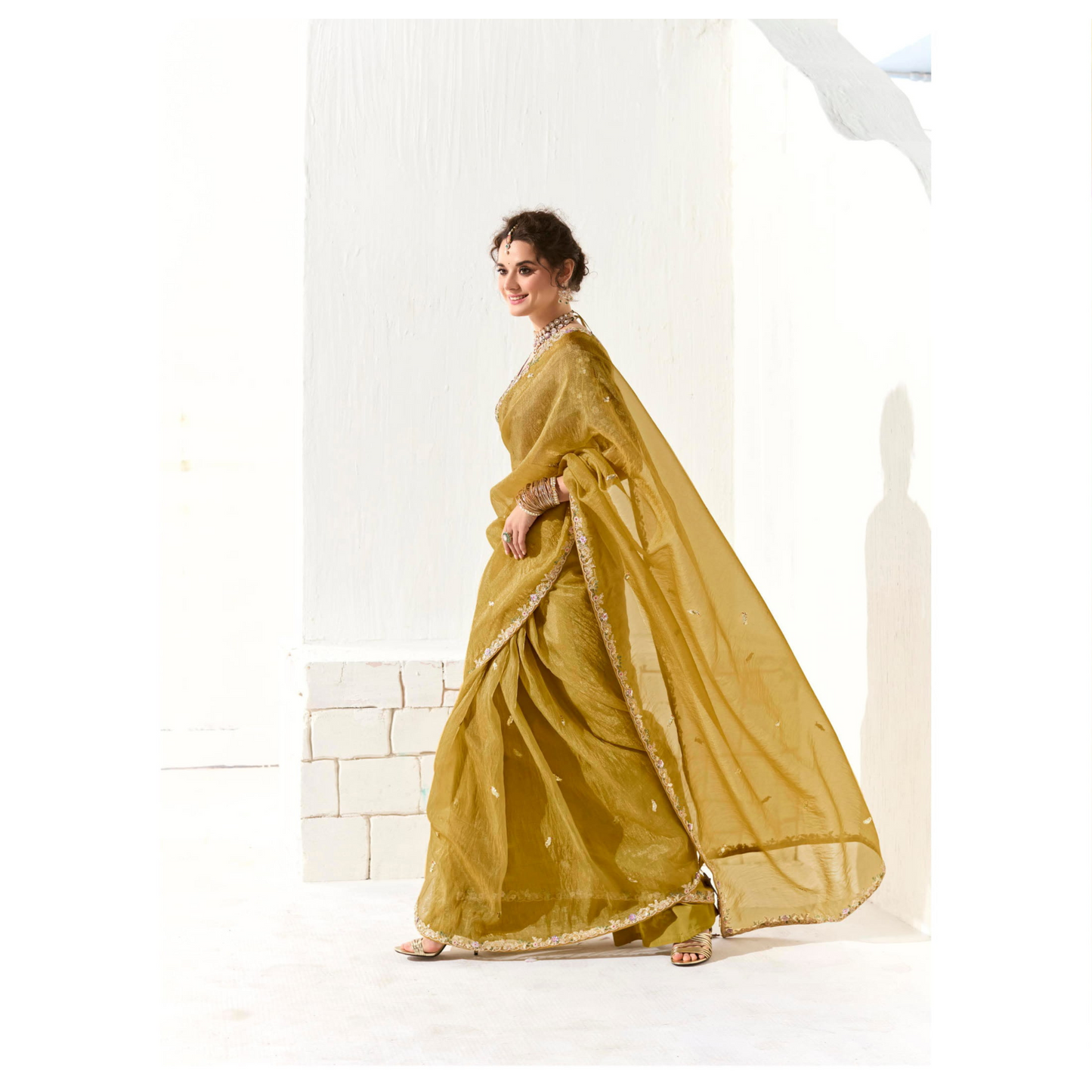 Yellow Runway Organza Tissue Saree with Heavy Embroidered Border – Designer Party Wear