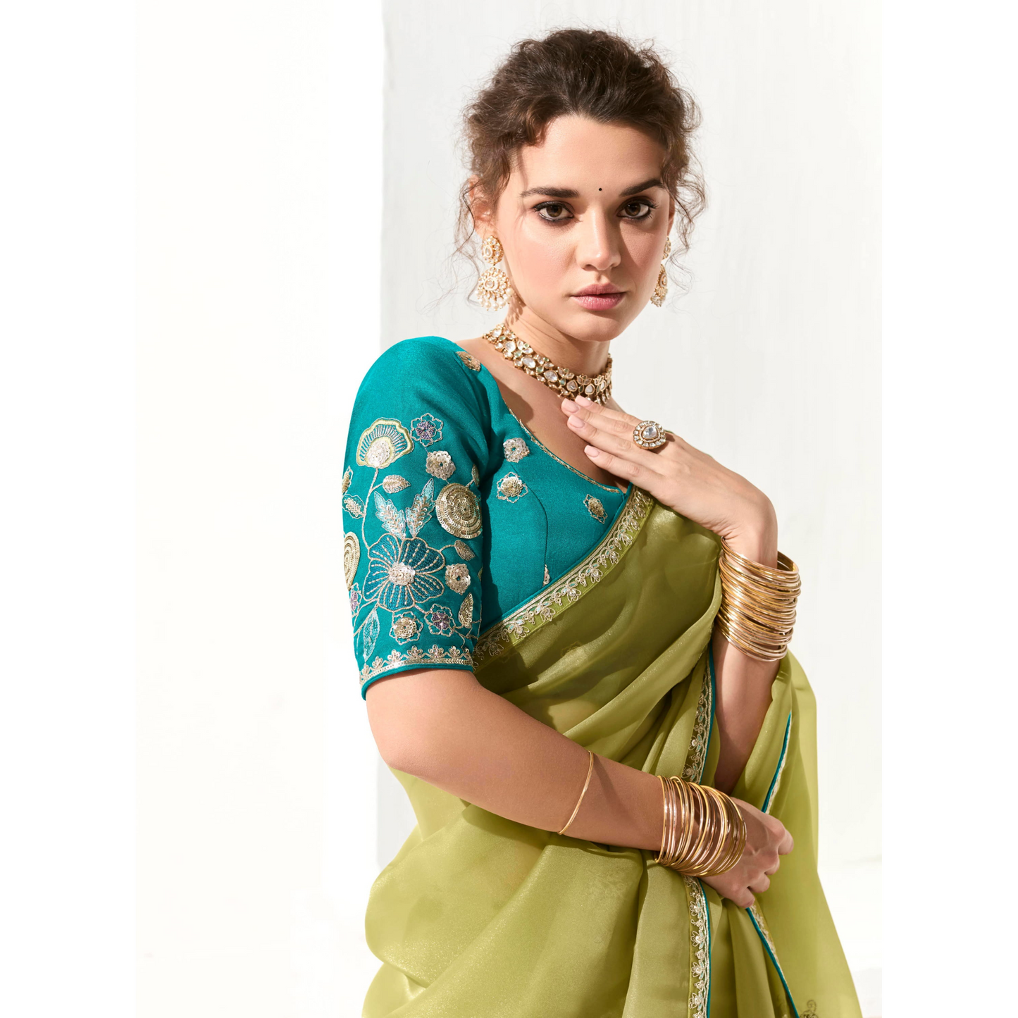 light green with a blue Runway Organza Tissue Saree with Heavy Embroidered Border