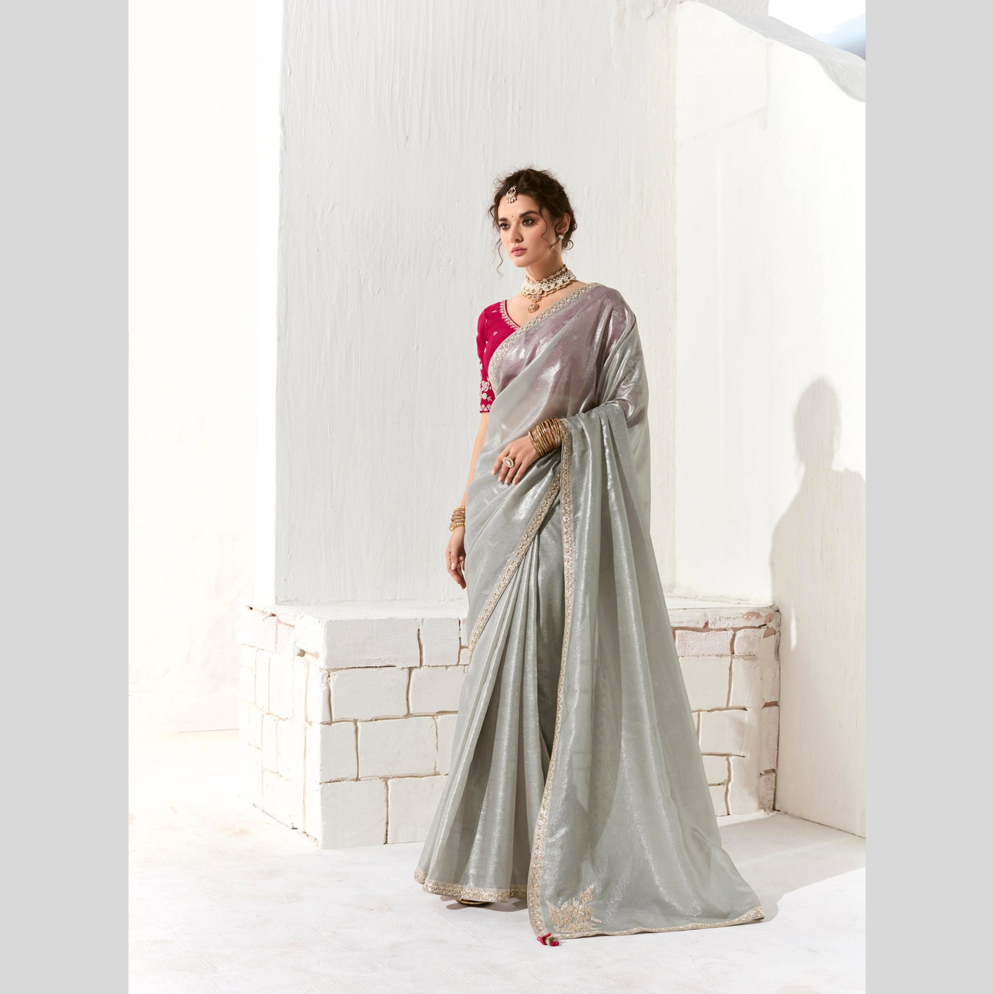 light grey with pinkish Runway Organza Tissue Saree with Heavy Embroidered Border