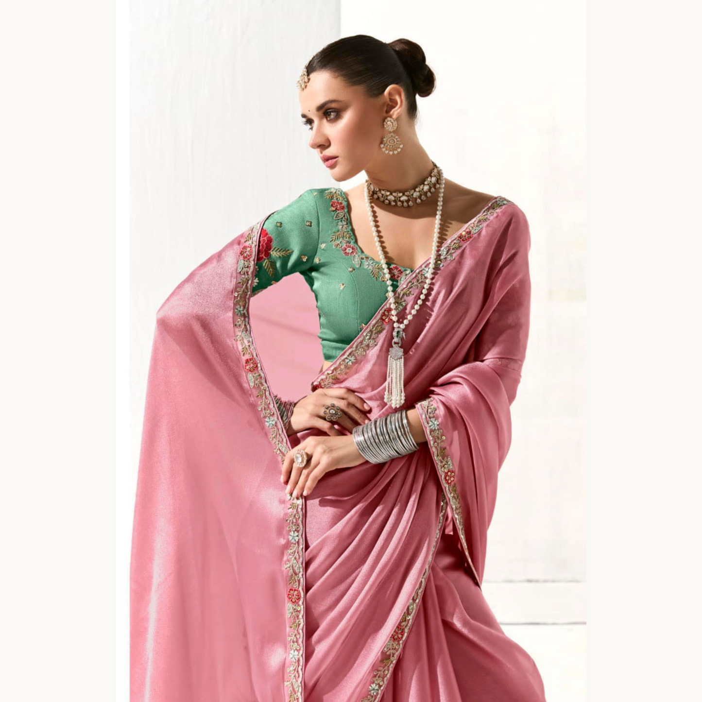 light pink with gold Runway Organza Tissue Saree with Heavy Embroidered Border