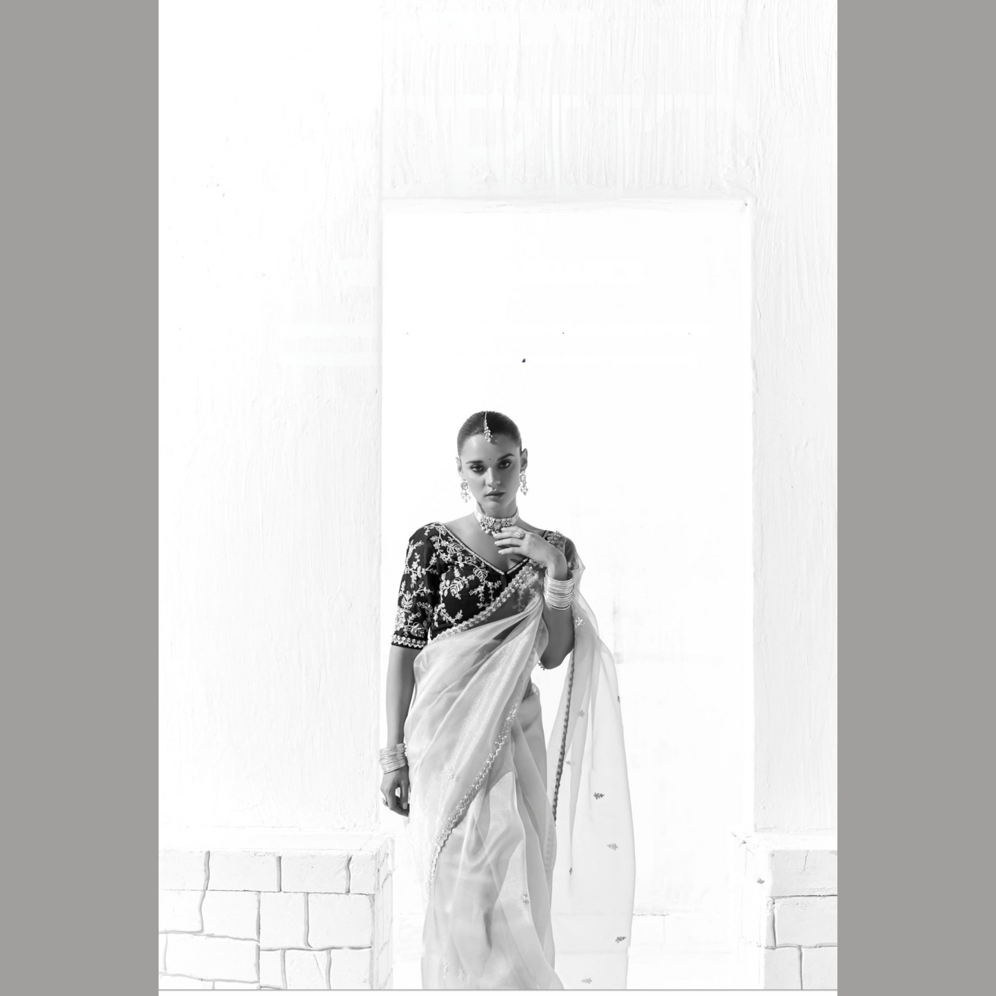 Light beige with pink and gold Runway Organza Tissue Saree with Heavy Embroidered Border