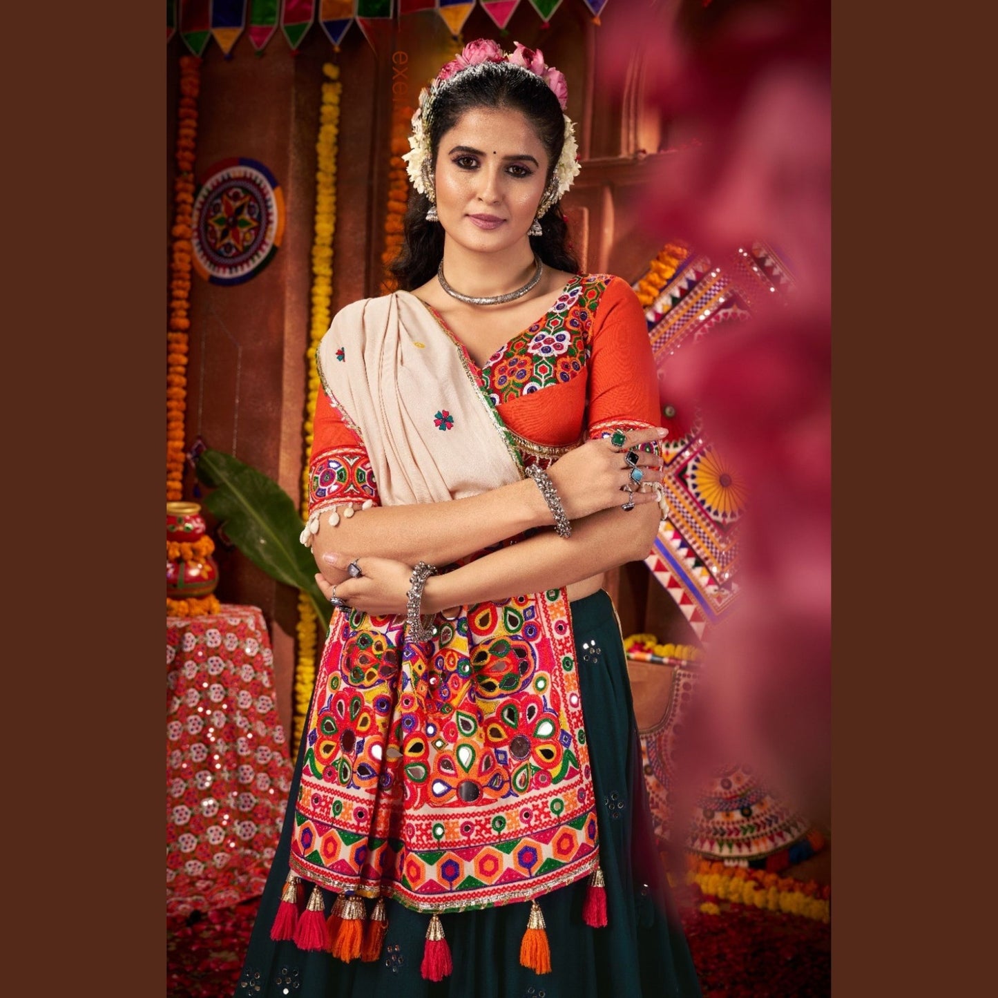 Teal Blossom Coral-Accented Navratri Lehenga Set