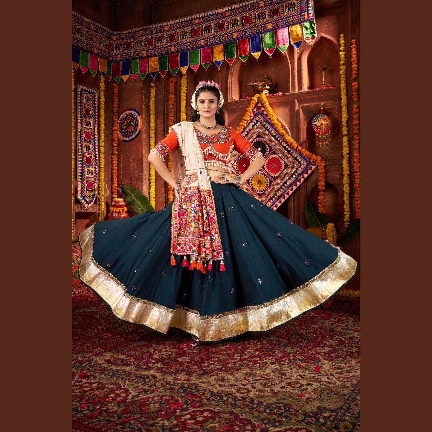 Teal Blossom Coral-Accented Navratri Lehenga Set