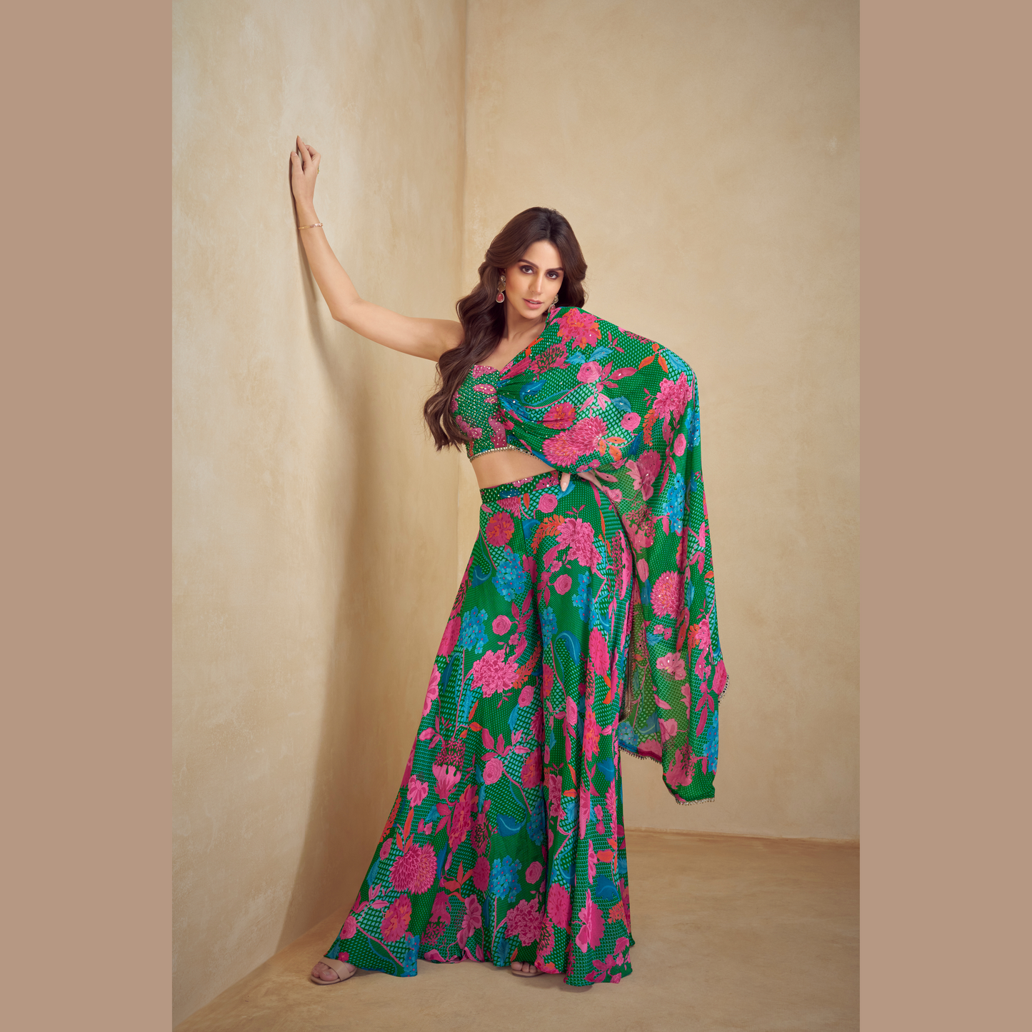 Phoolan Rani Printed Lehenga Set with One-Shoulder Draped Blouse