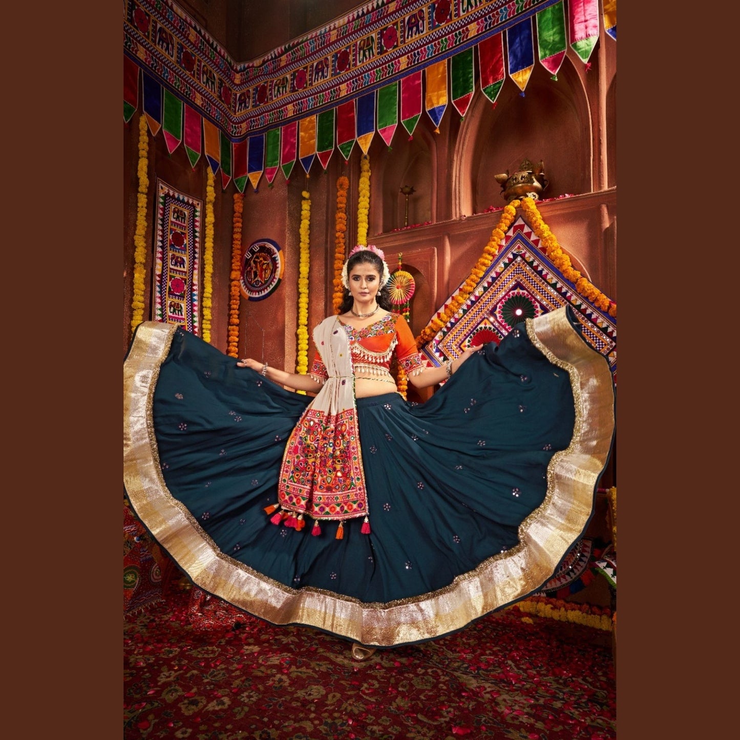 Teal Blossom Coral-Accented Navratri Lehenga Set