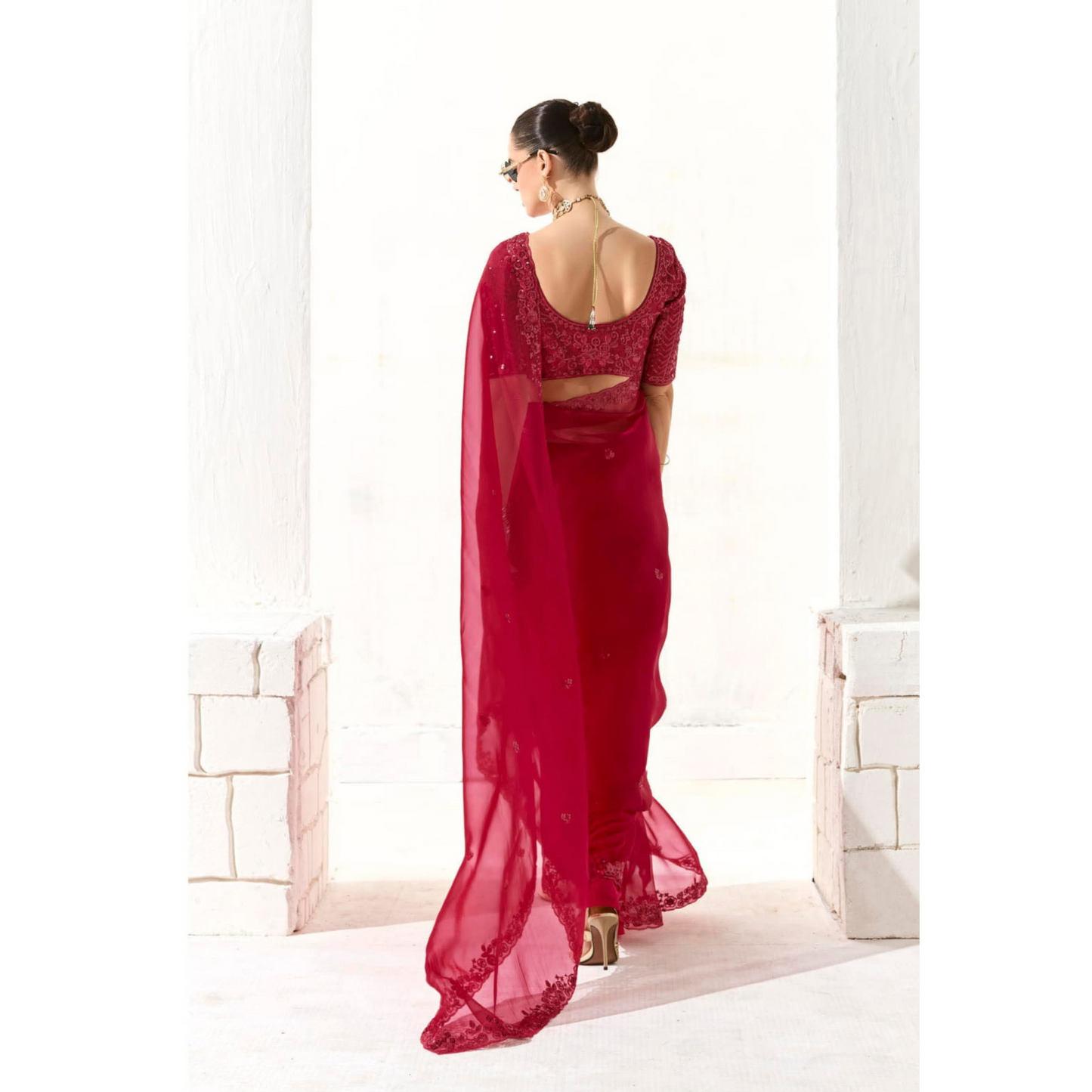 Deep red with gold Runway Organza Tissue Saree with Heavy Embroidered Border