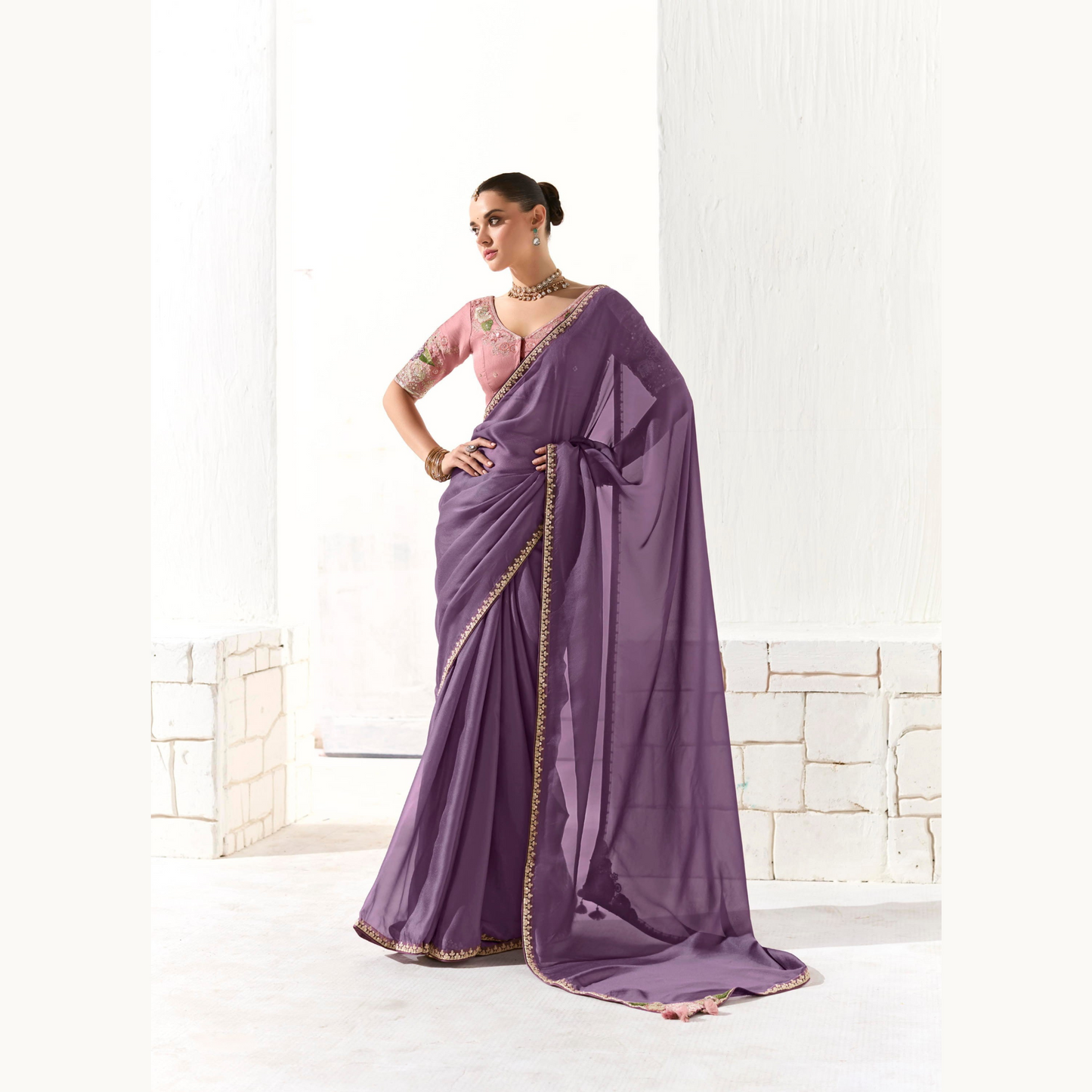 purple shade with a gold Runway Organza Tissue Saree with Heavy Embroidered Border