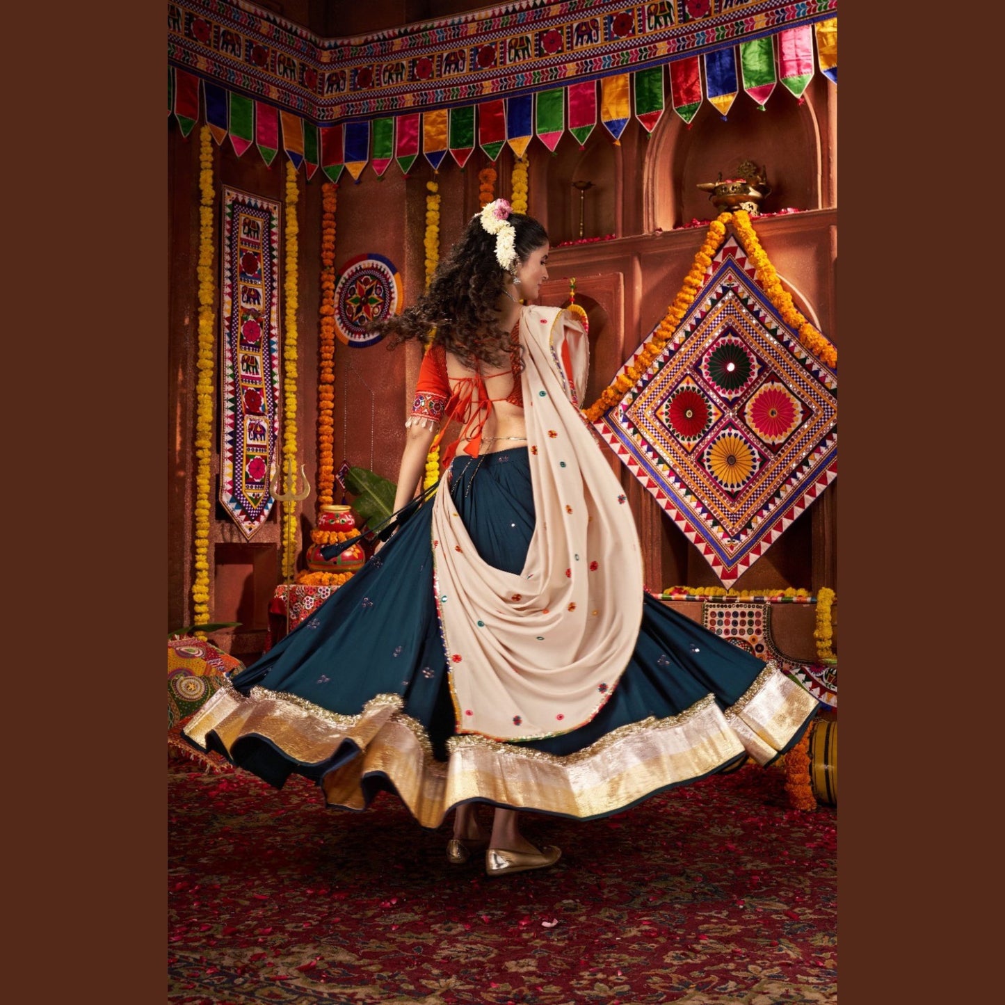 Teal Blossom Coral-Accented Navratri Lehenga Set