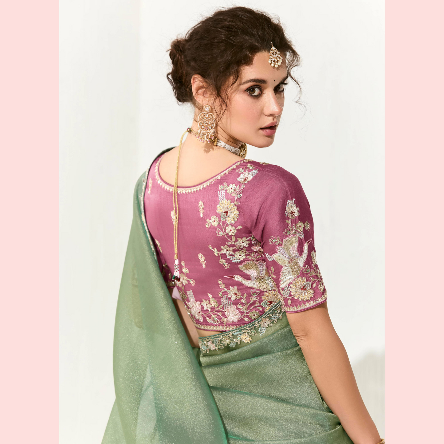 Light Green Runway Organza Tissue Saree with Heavy Embroidered Border – Designer Party Wear