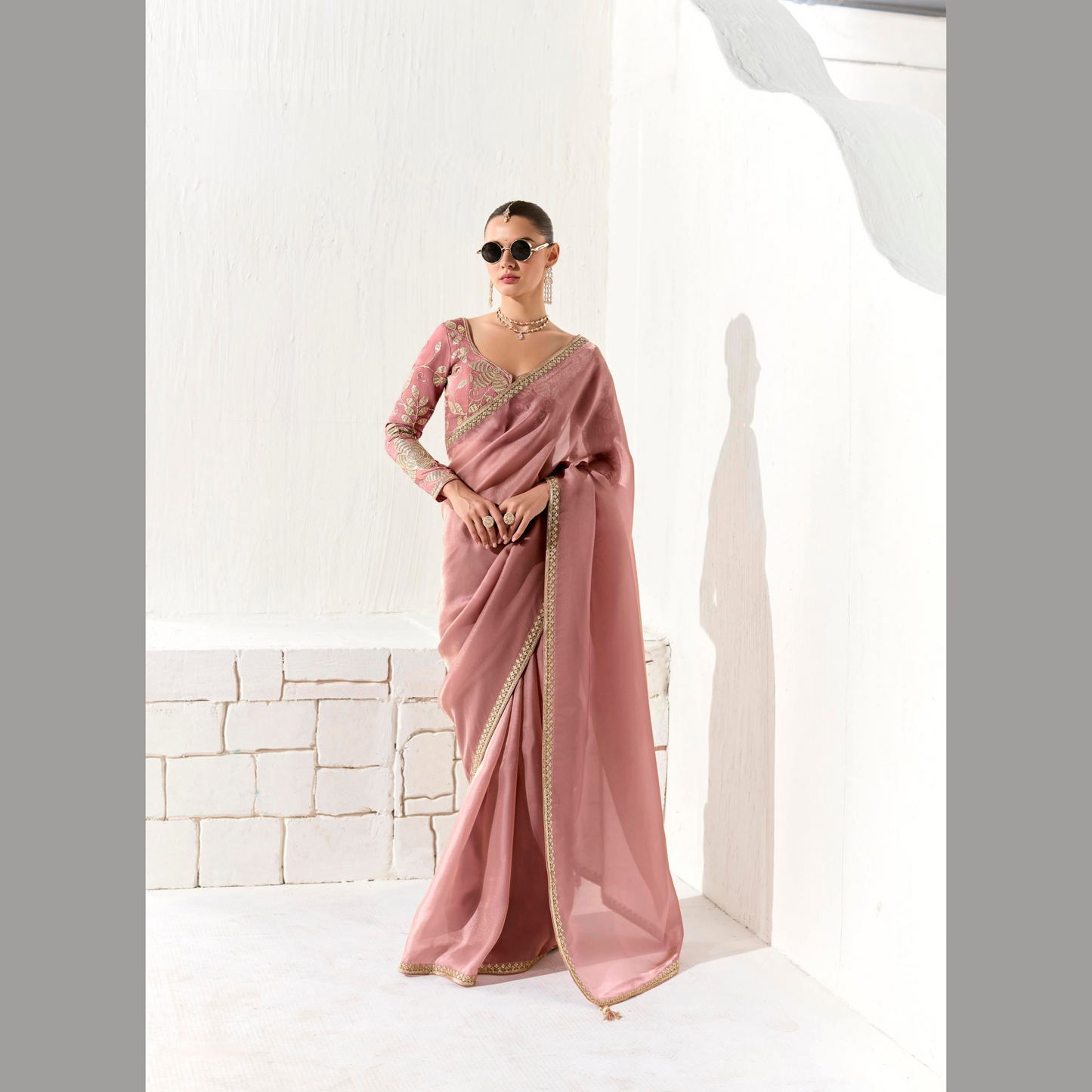 Deep teal with gold Runway Organza Tissue Saree with Heavy Embroidered Border