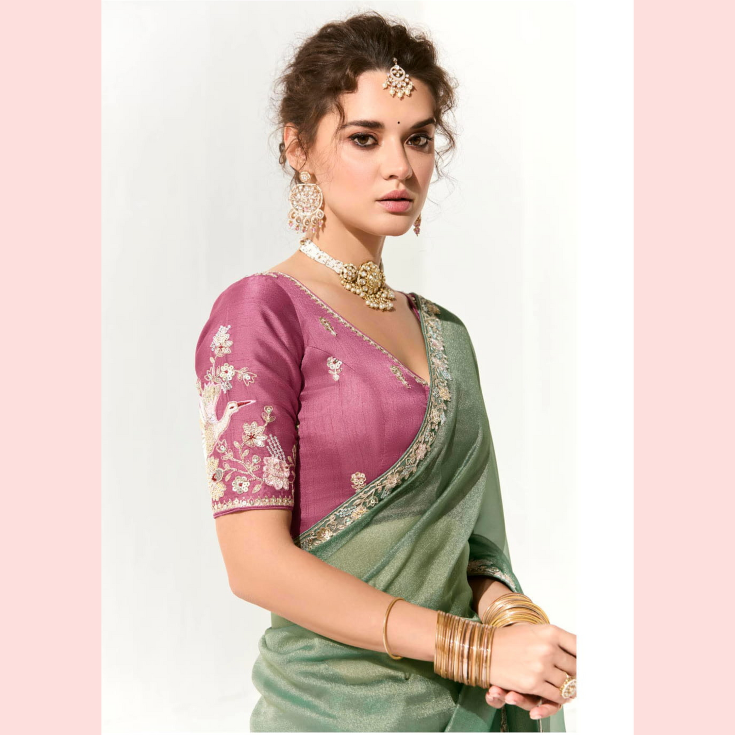 Light Green Runway Organza Tissue Saree with Heavy Embroidered Border – Designer Party Wear