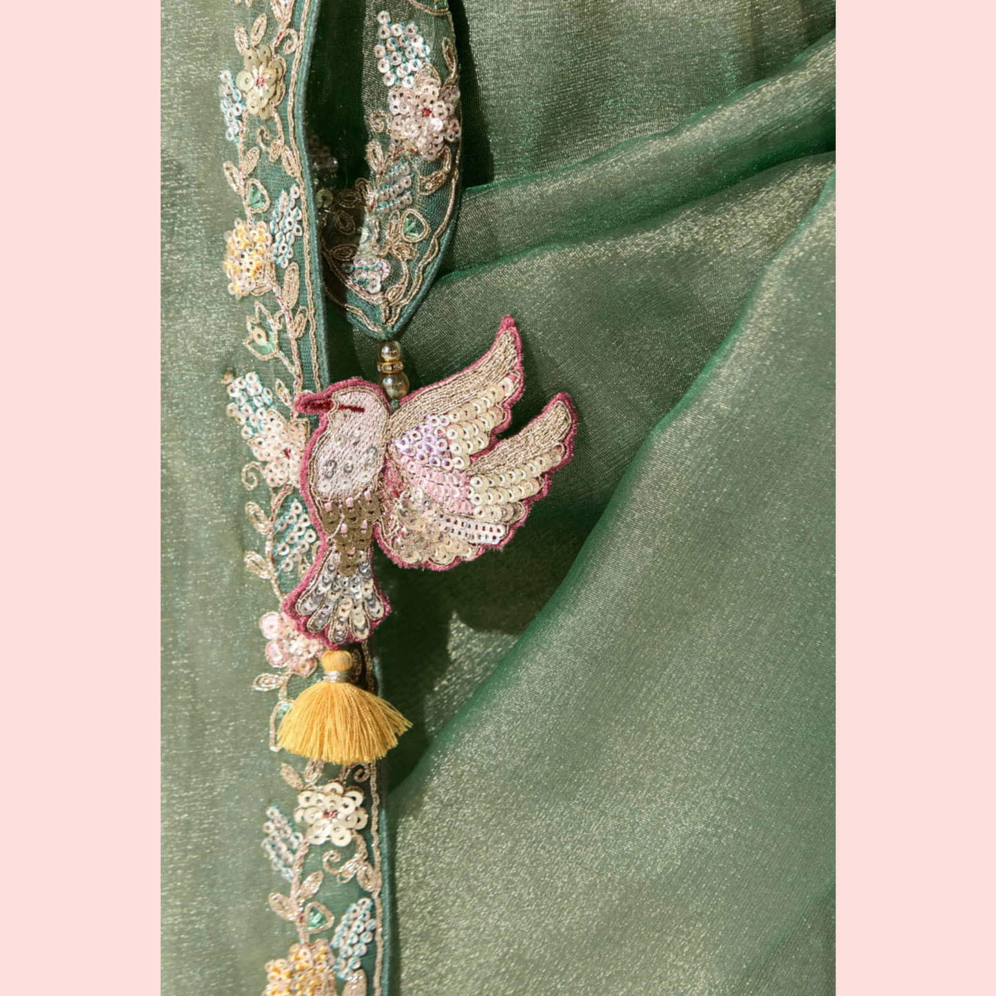 Light Green Runway Organza Tissue Saree with Heavy Embroidered Border – Designer Party Wear