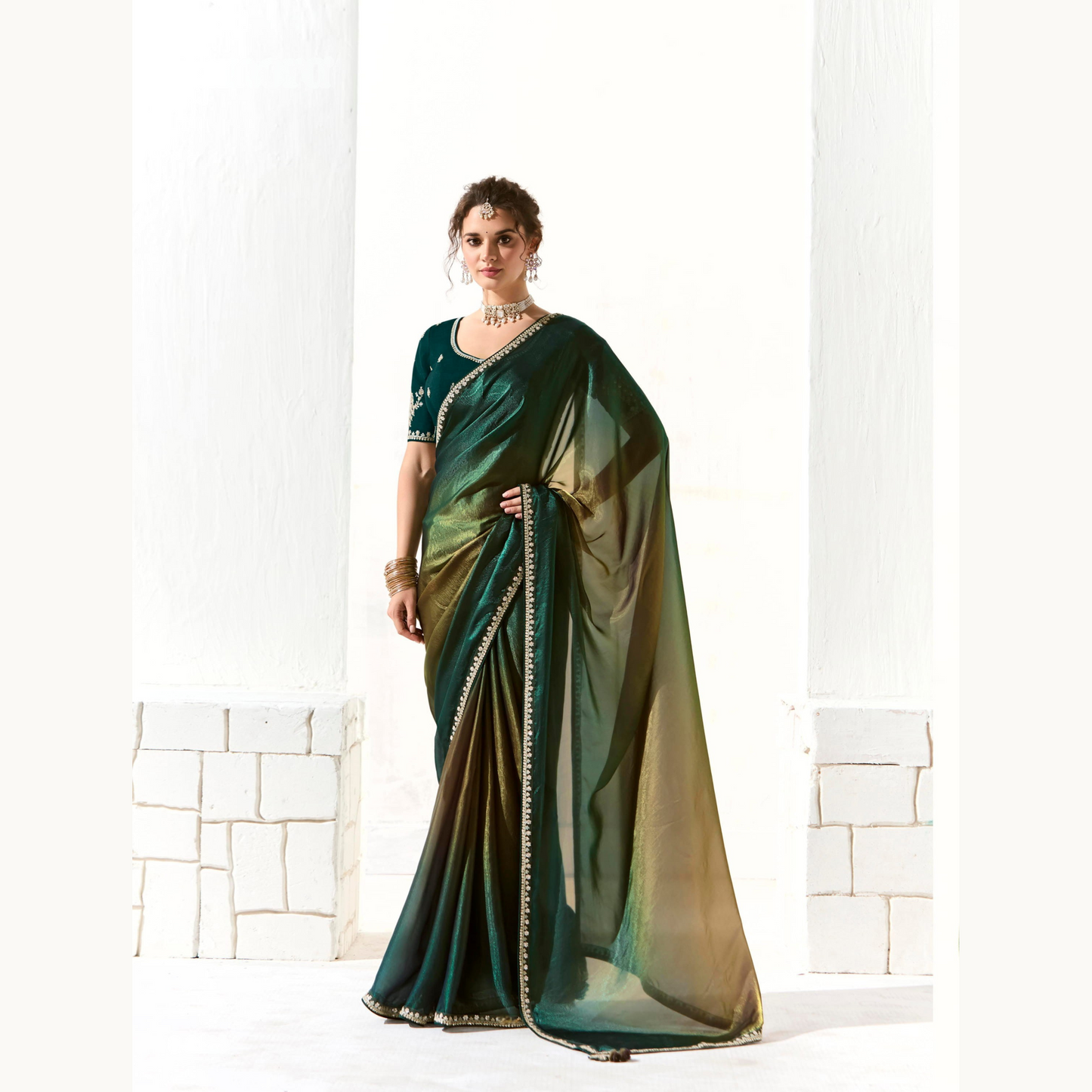 Dark green with gold Runway Organza Tissue Saree with Heavy Embroidered Border