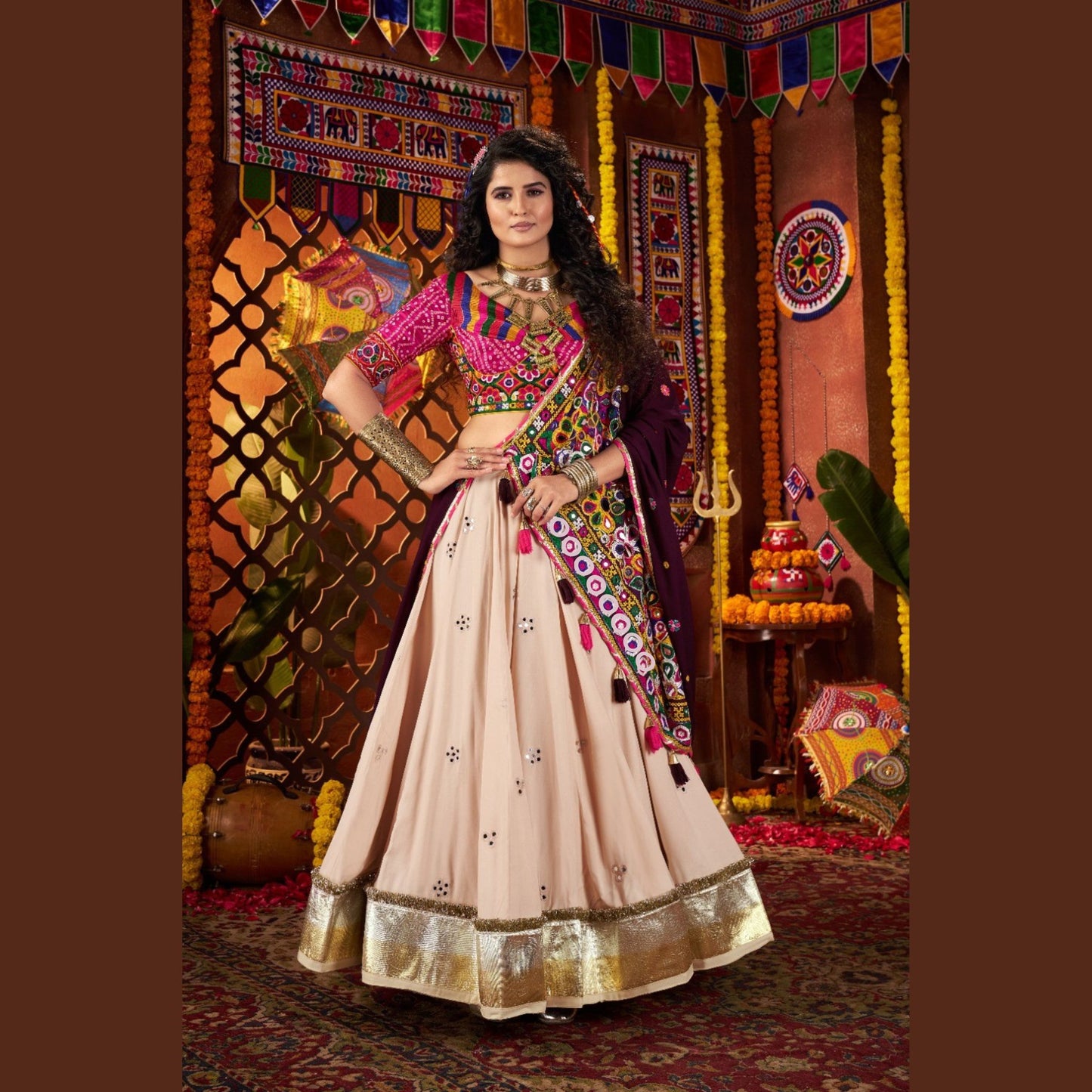 Ivory Royale Mirror-Work Navratri Lehenga Set