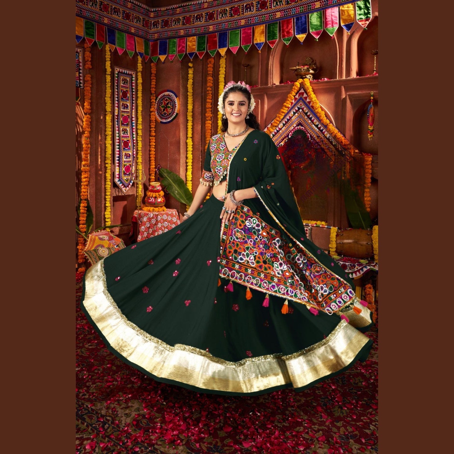 Emerald Aura Mirror-Work Navratri Lehenga Set