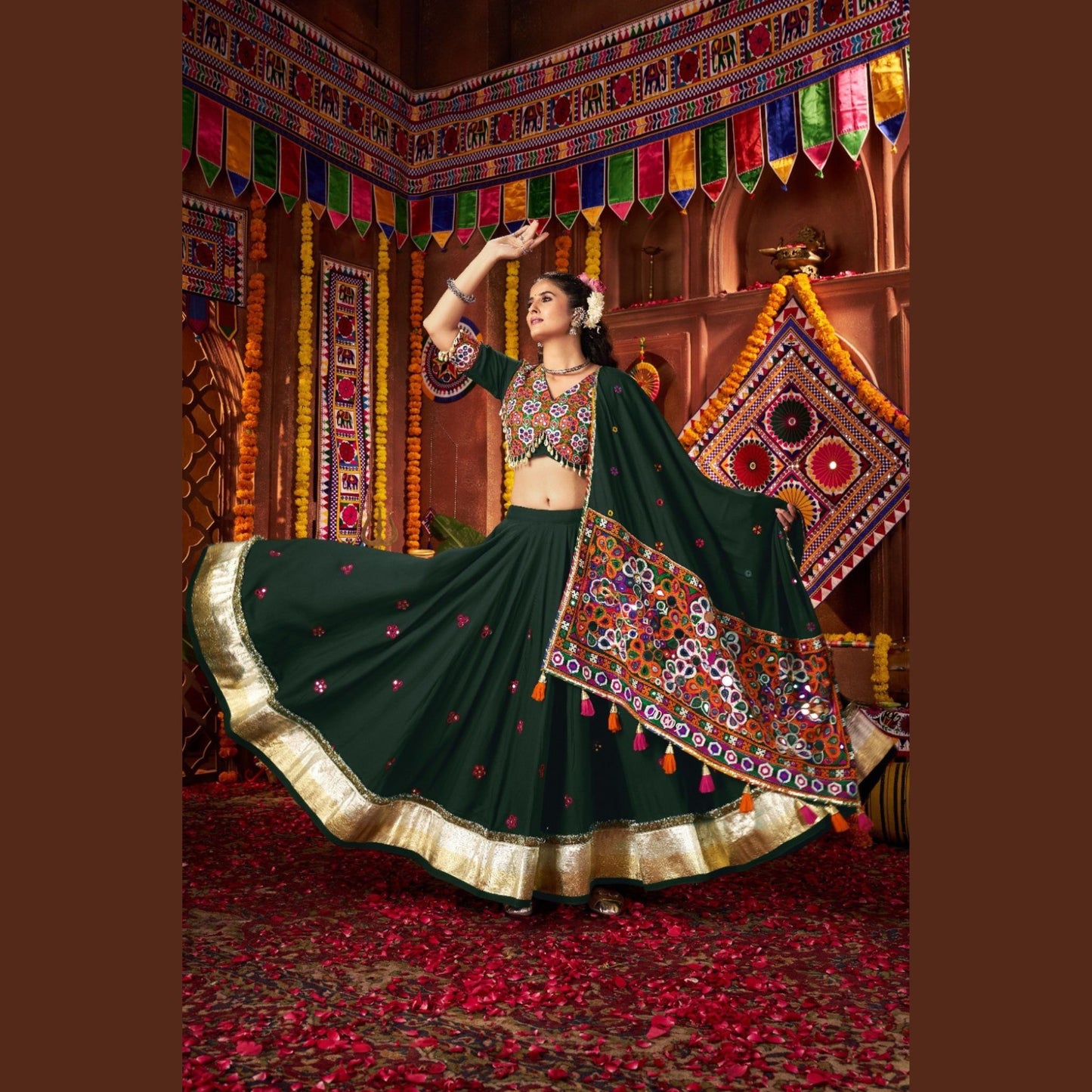 Emerald Aura Mirror-Work Navratri Lehenga Set