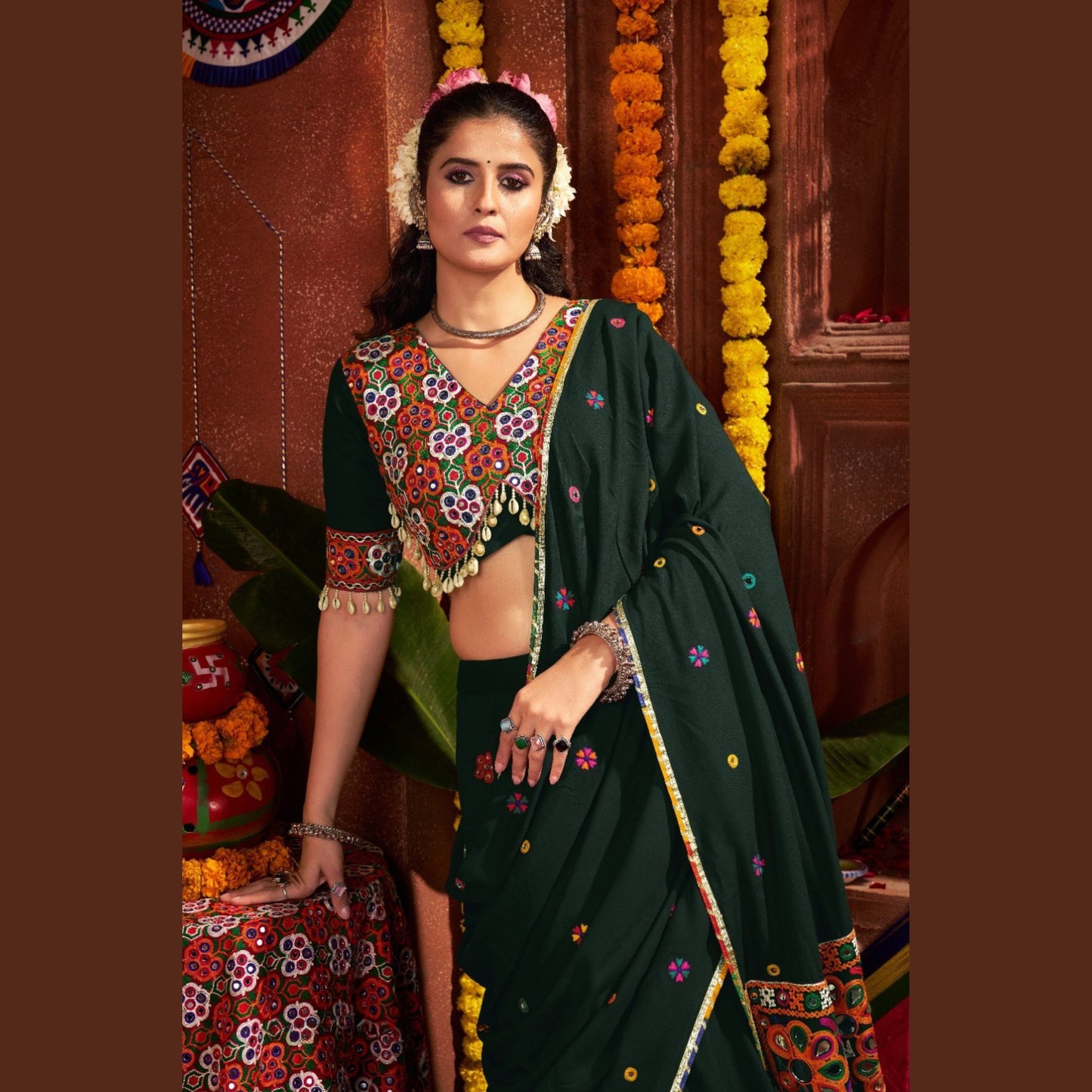 Emerald Aura Mirror-Work Navratri Lehenga Set