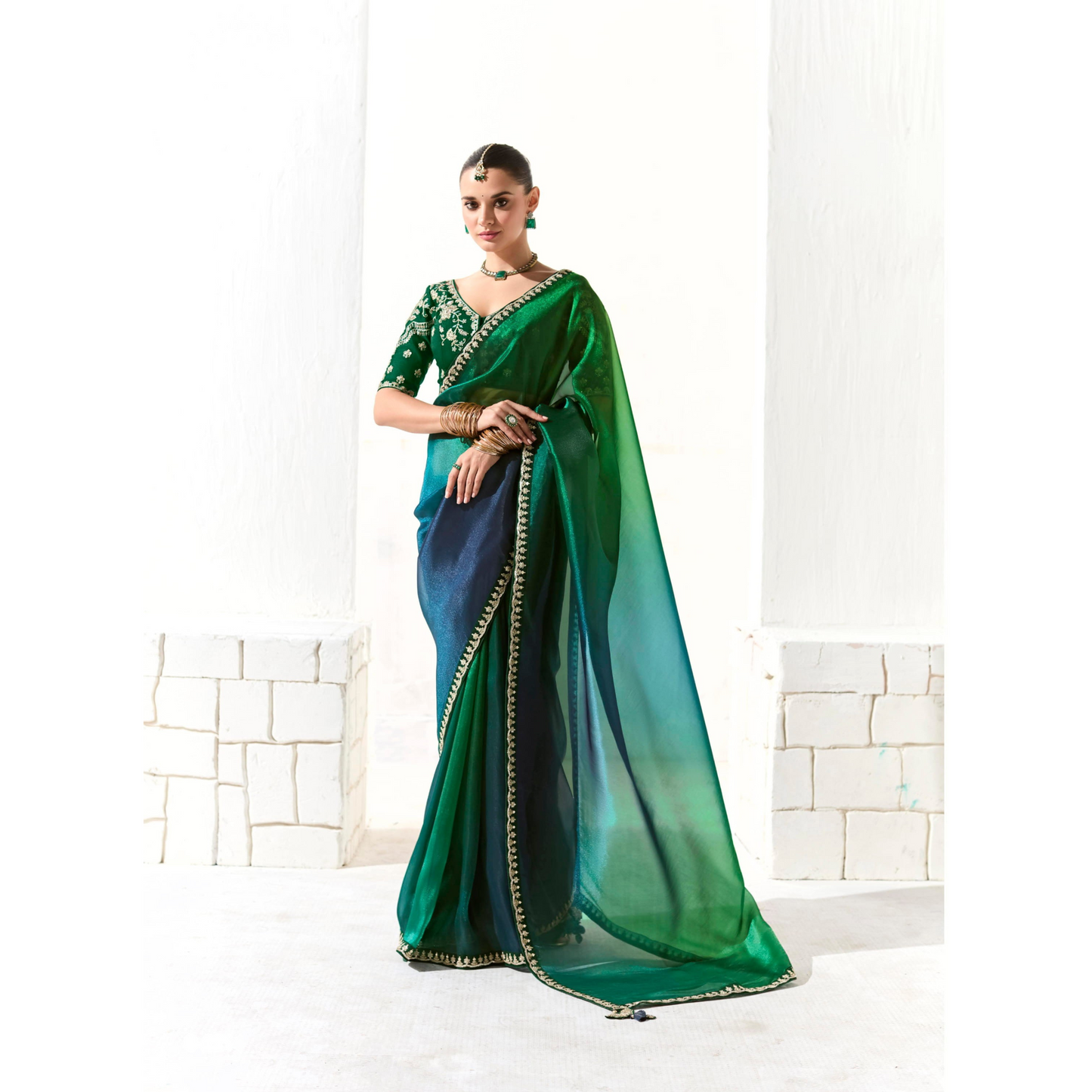 Mustard yellow with green and gold Runway Organza Tissue Saree