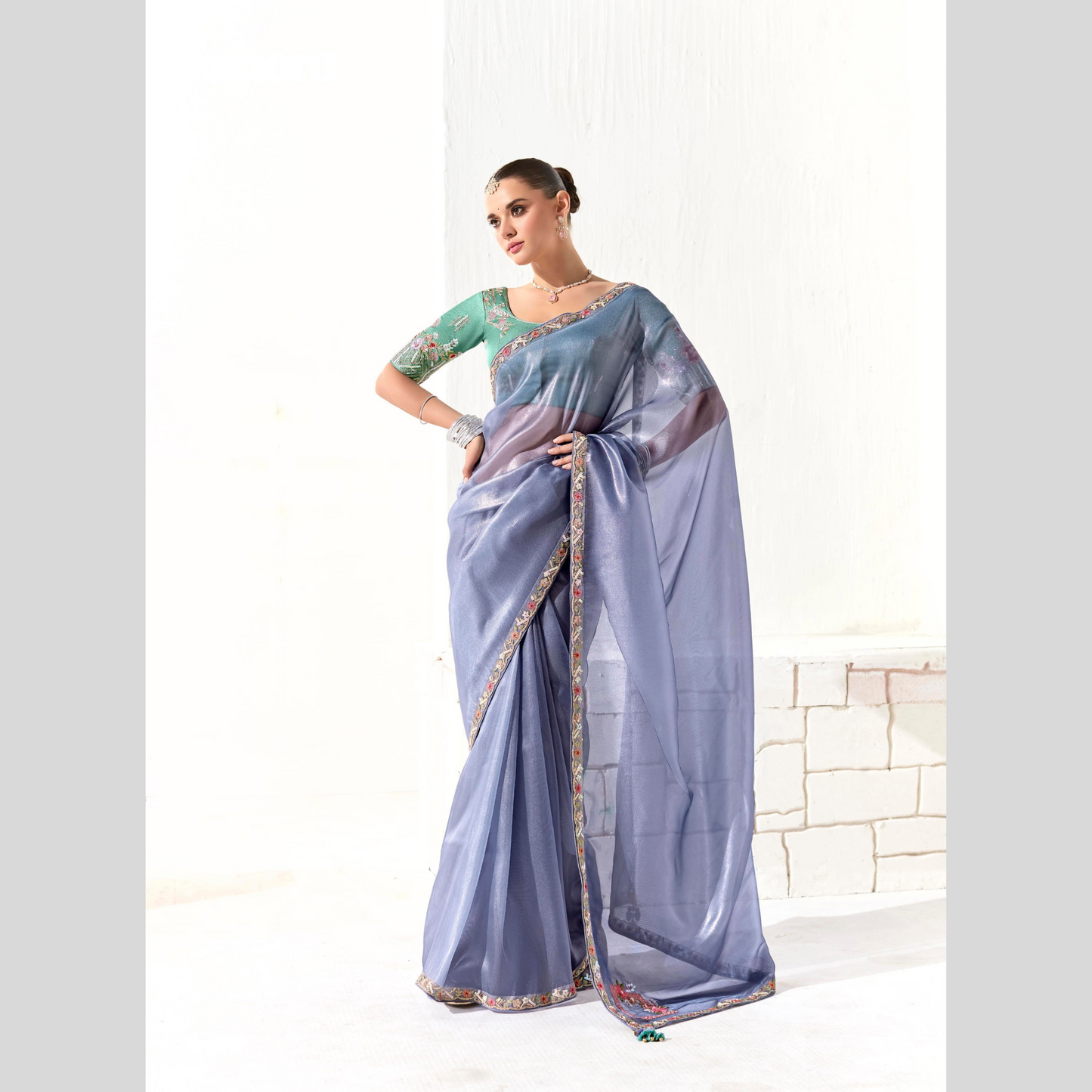purple tint Runway Organza Tissue Saree with Heavy Embroidered Border – Designer Party Wear