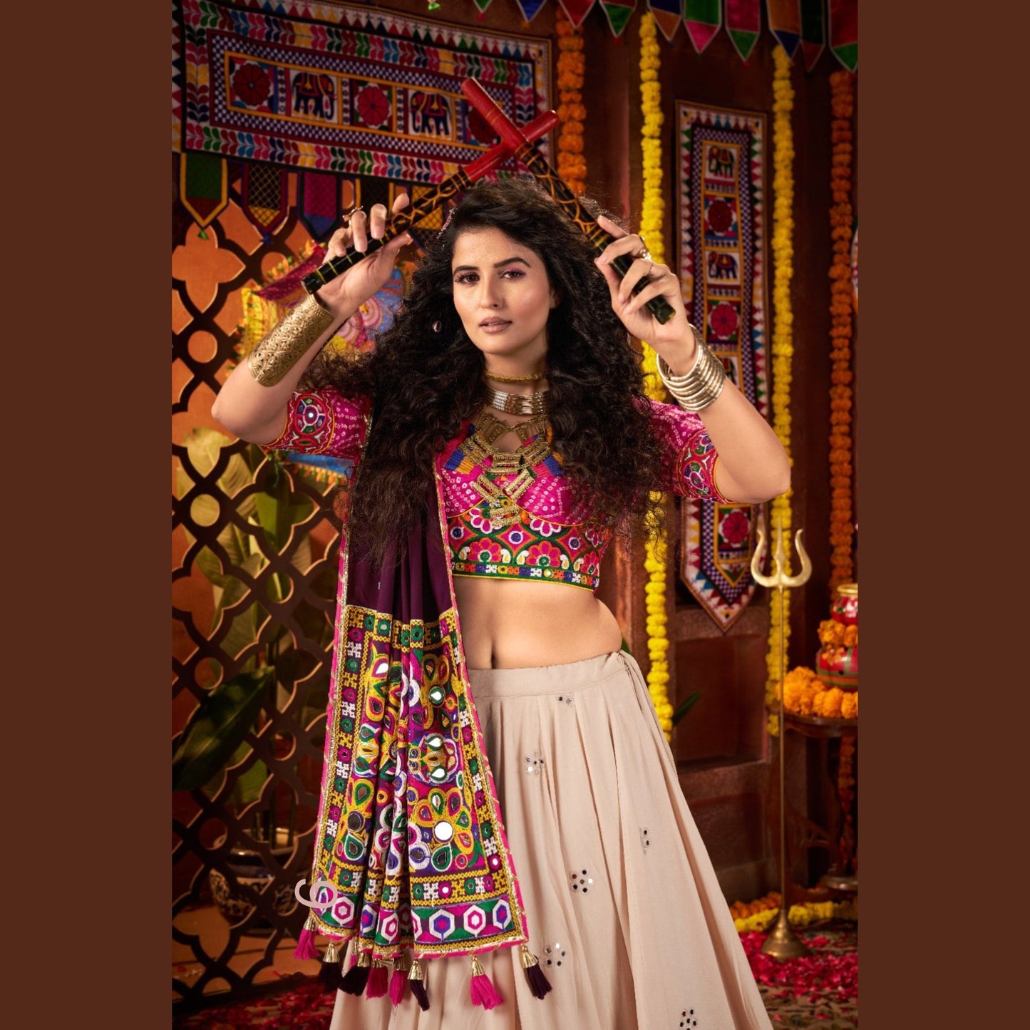 Ivory Royale Mirror-Work Navratri Lehenga Set