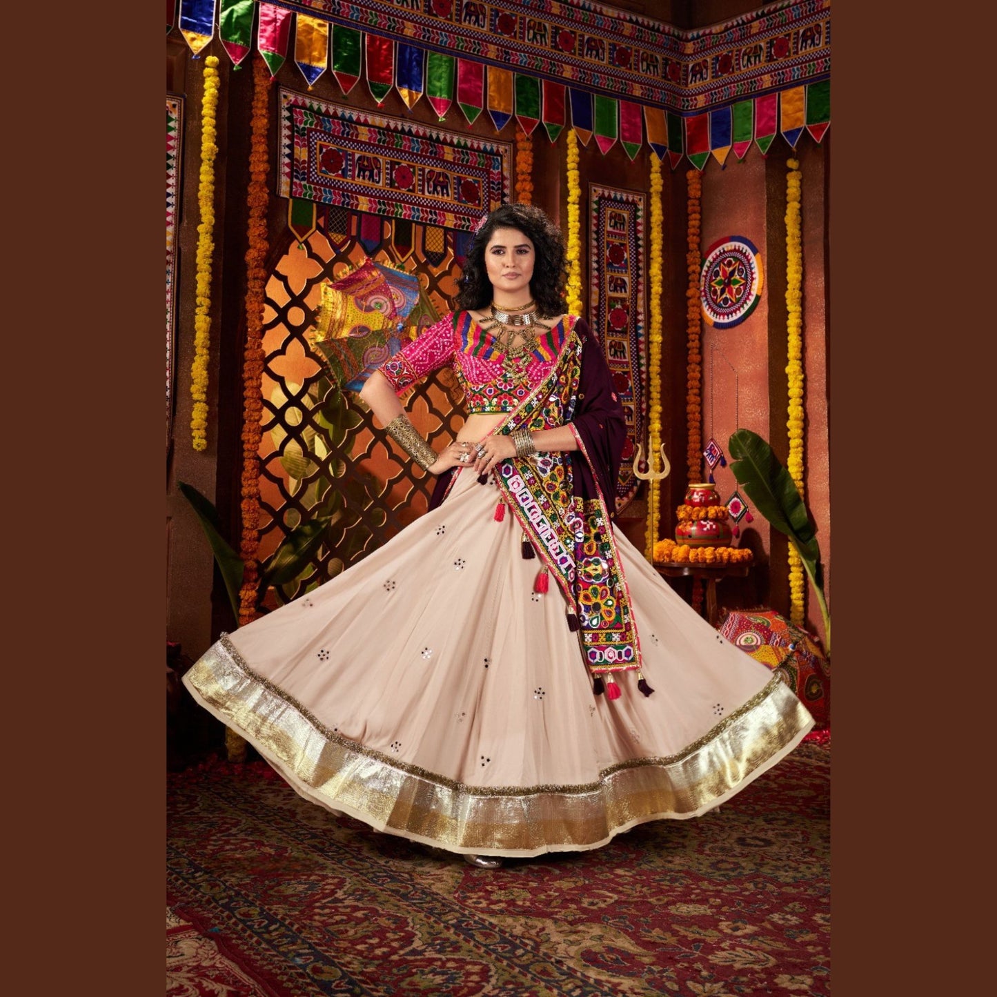 Ivory Royale Mirror-Work Navratri Lehenga Set