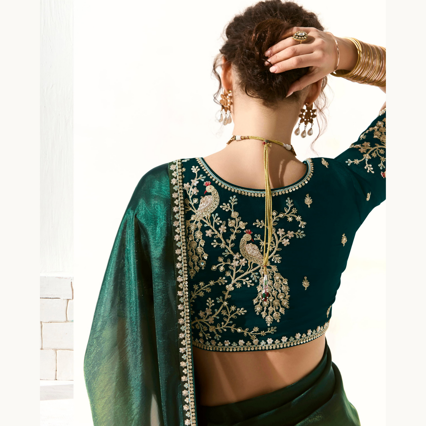 Dark green with gold Runway Organza Tissue Saree with Heavy Embroidered Border