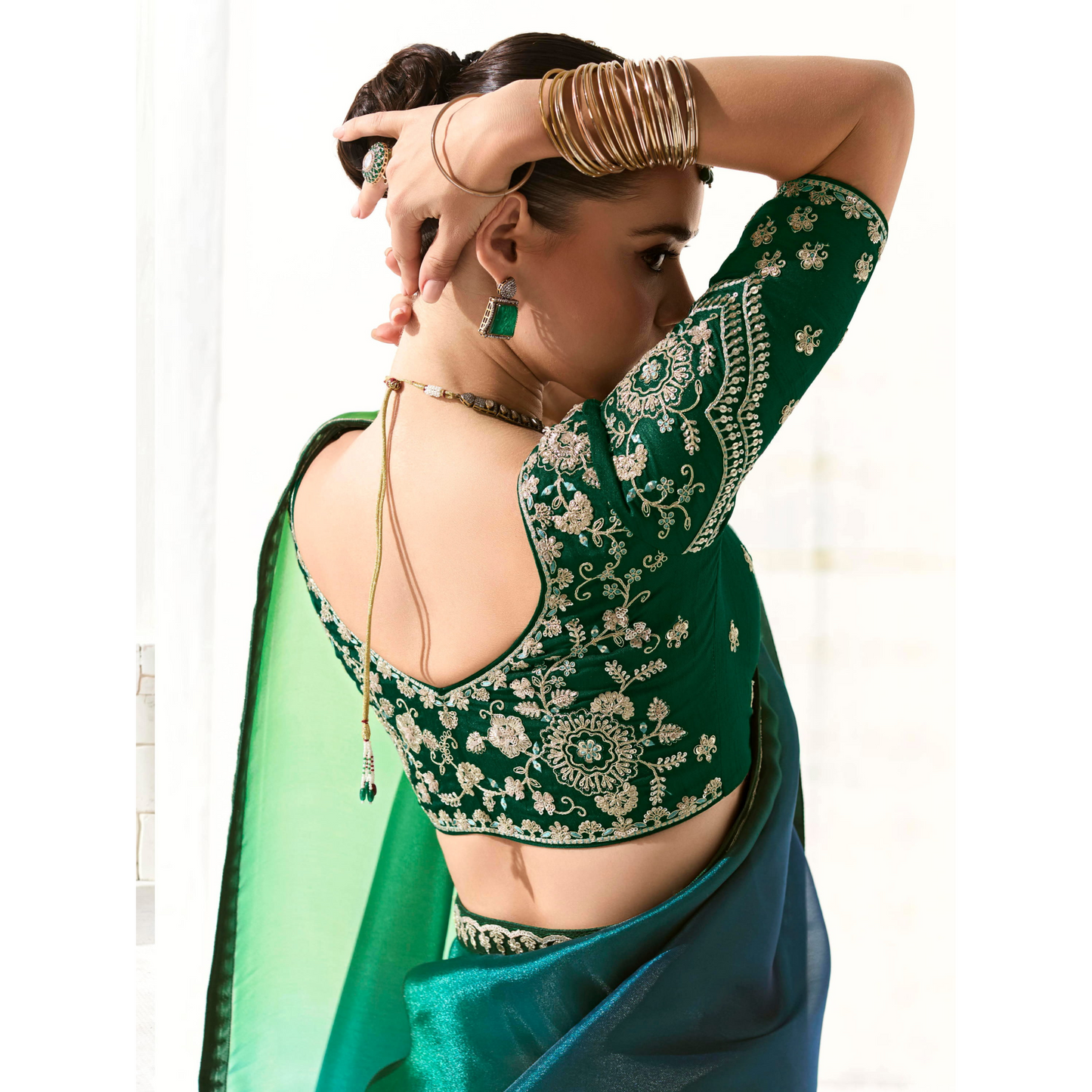 Mustard yellow with green and gold Runway Organza Tissue Saree