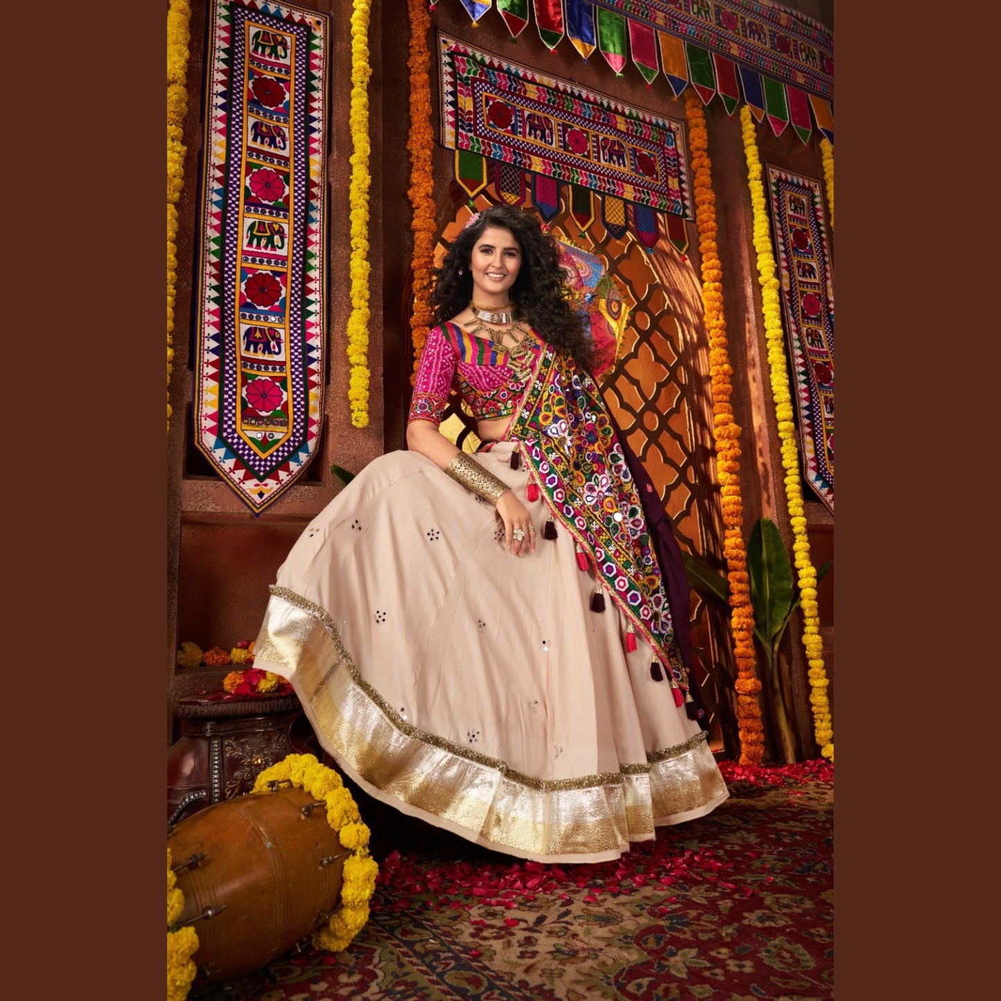 Ivory Royale Mirror-Work Navratri Lehenga Set