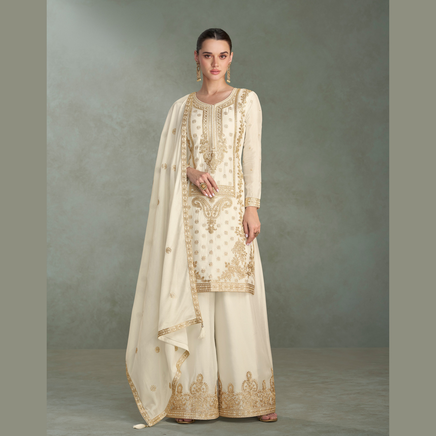 Nayyara Embroidered Straight-Cut Kurta with Palazzo and Dupatta
