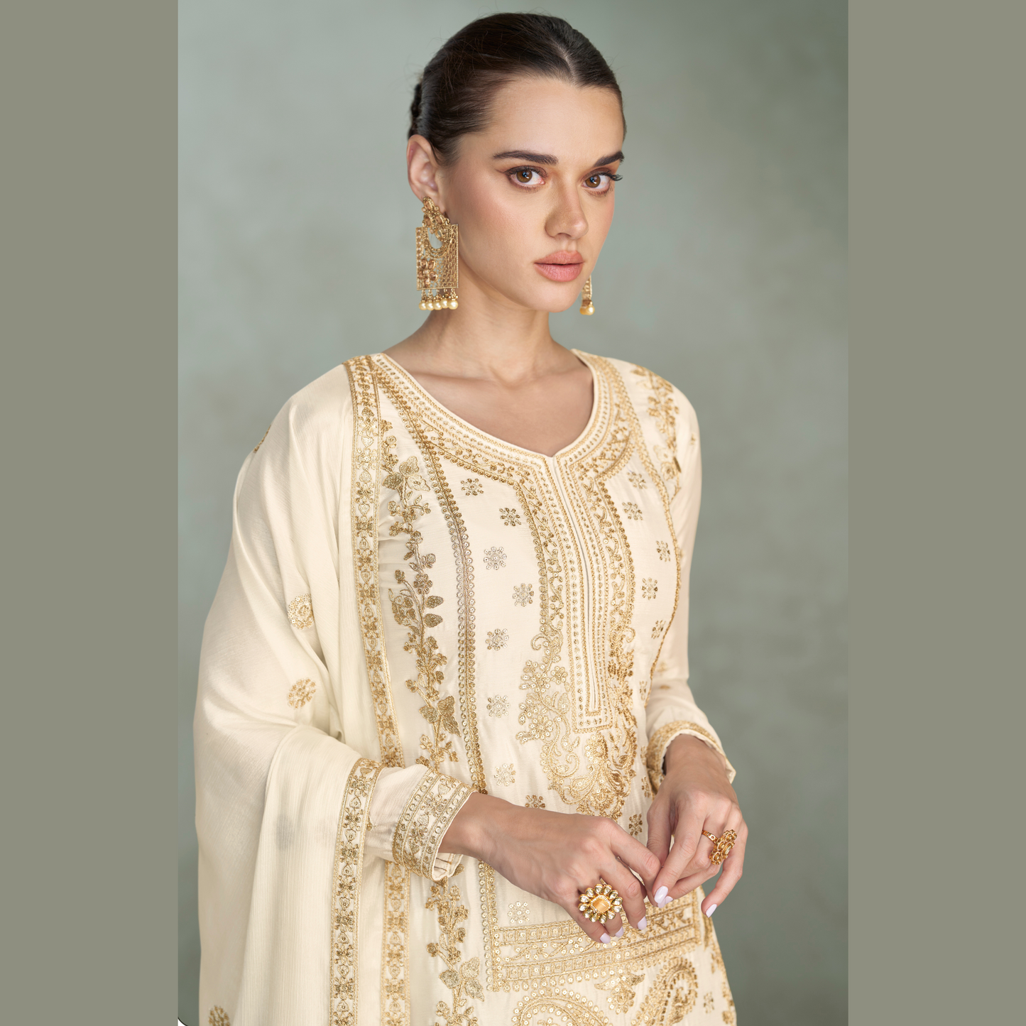 Nayyara Embroidered Straight-Cut Kurta with Palazzo and Dupatta