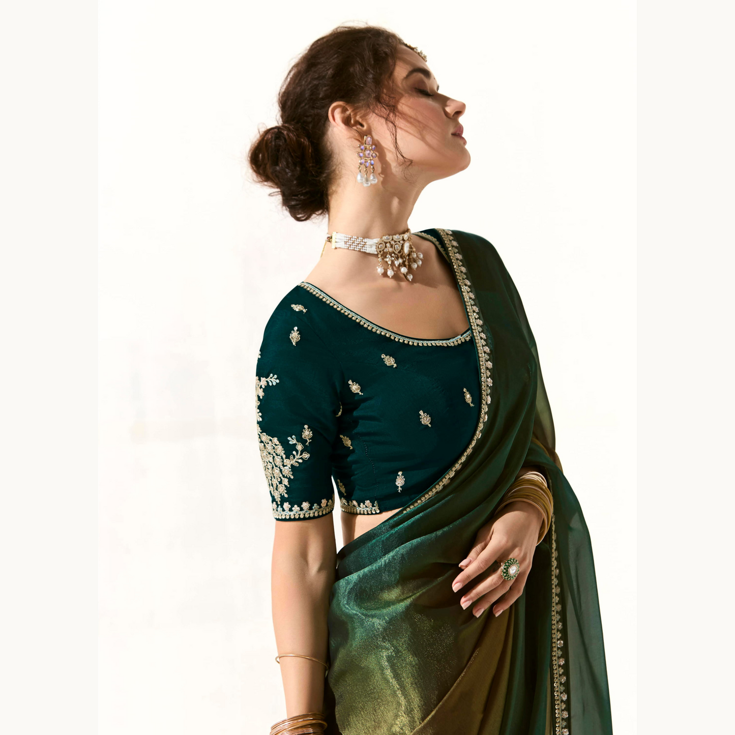 Dark green with gold Runway Organza Tissue Saree with Heavy Embroidered Border