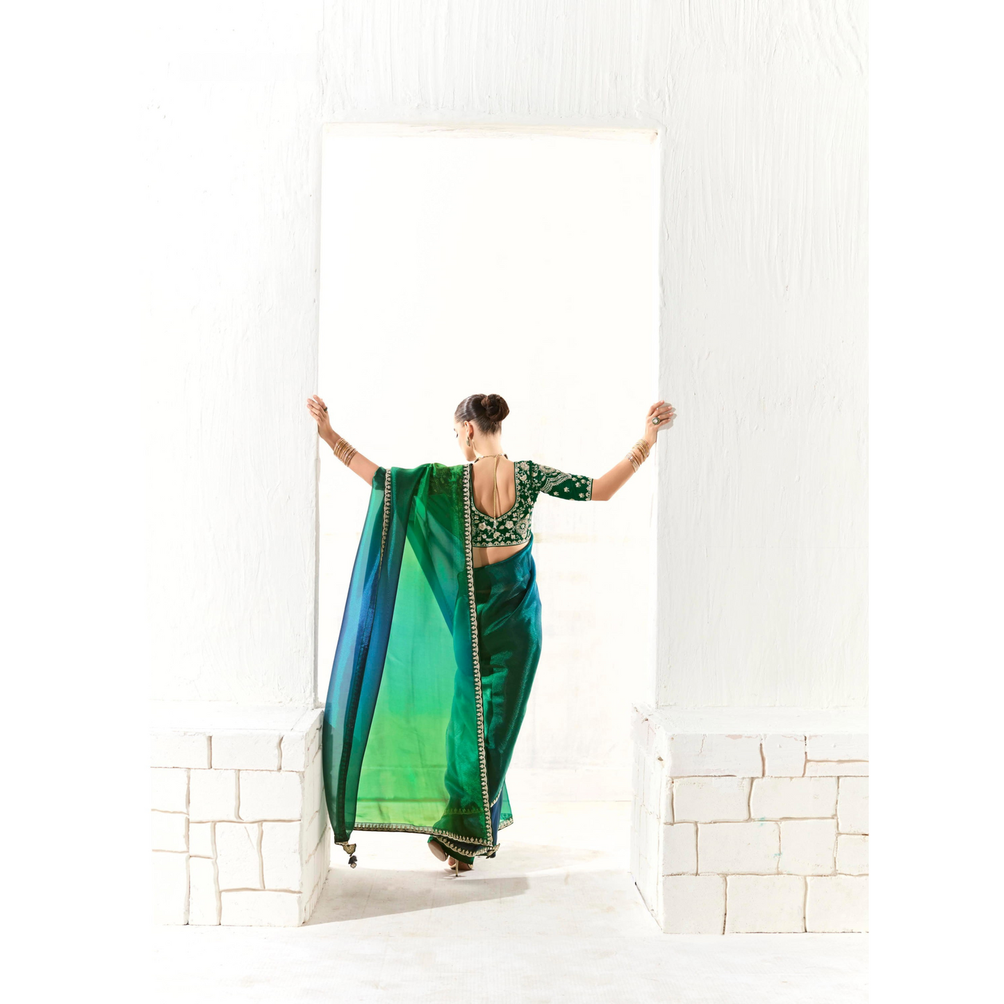 Mustard yellow with green and gold Runway Organza Tissue Saree