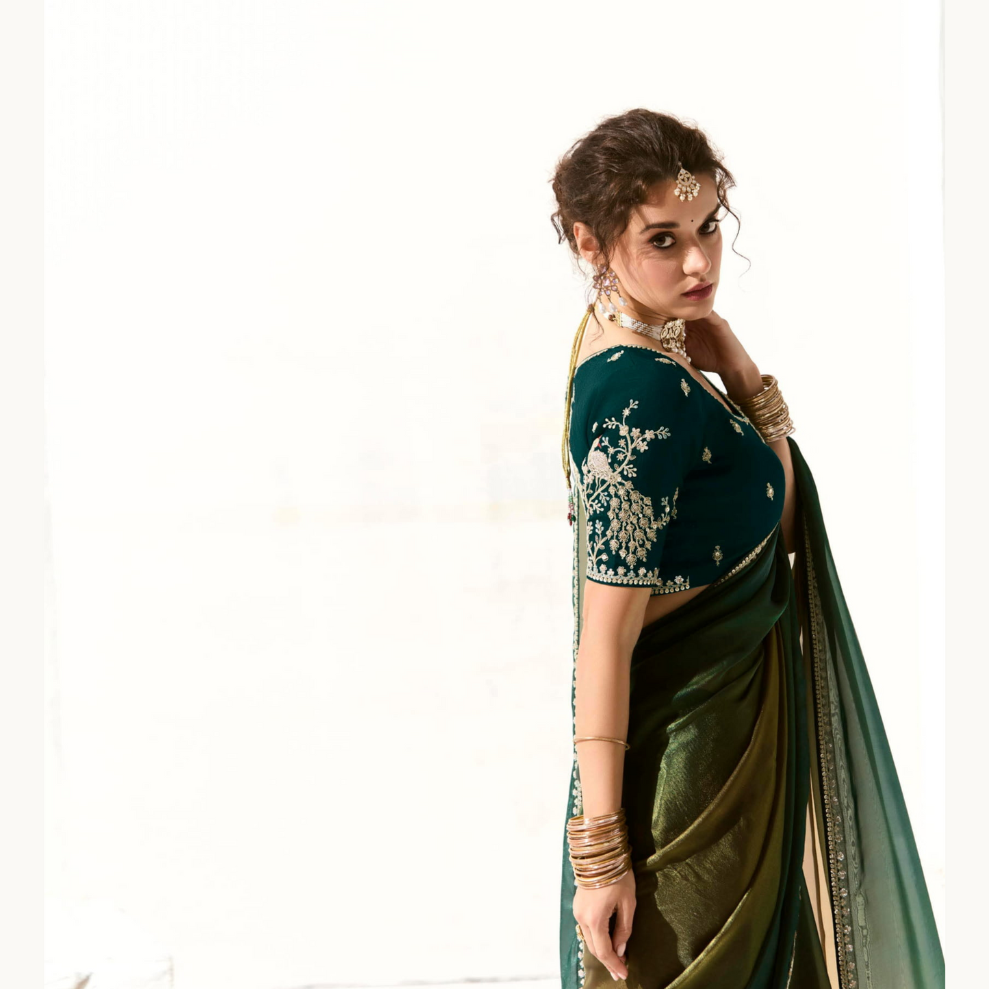 Dark green with gold Runway Organza Tissue Saree with Heavy Embroidered Border