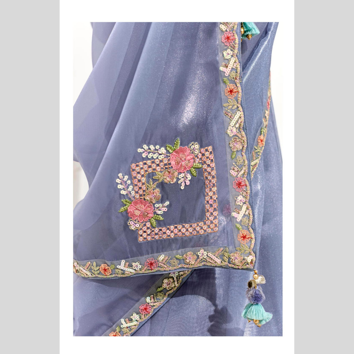 purple tint Runway Organza Tissue Saree with Heavy Embroidered Border – Designer Party Wear