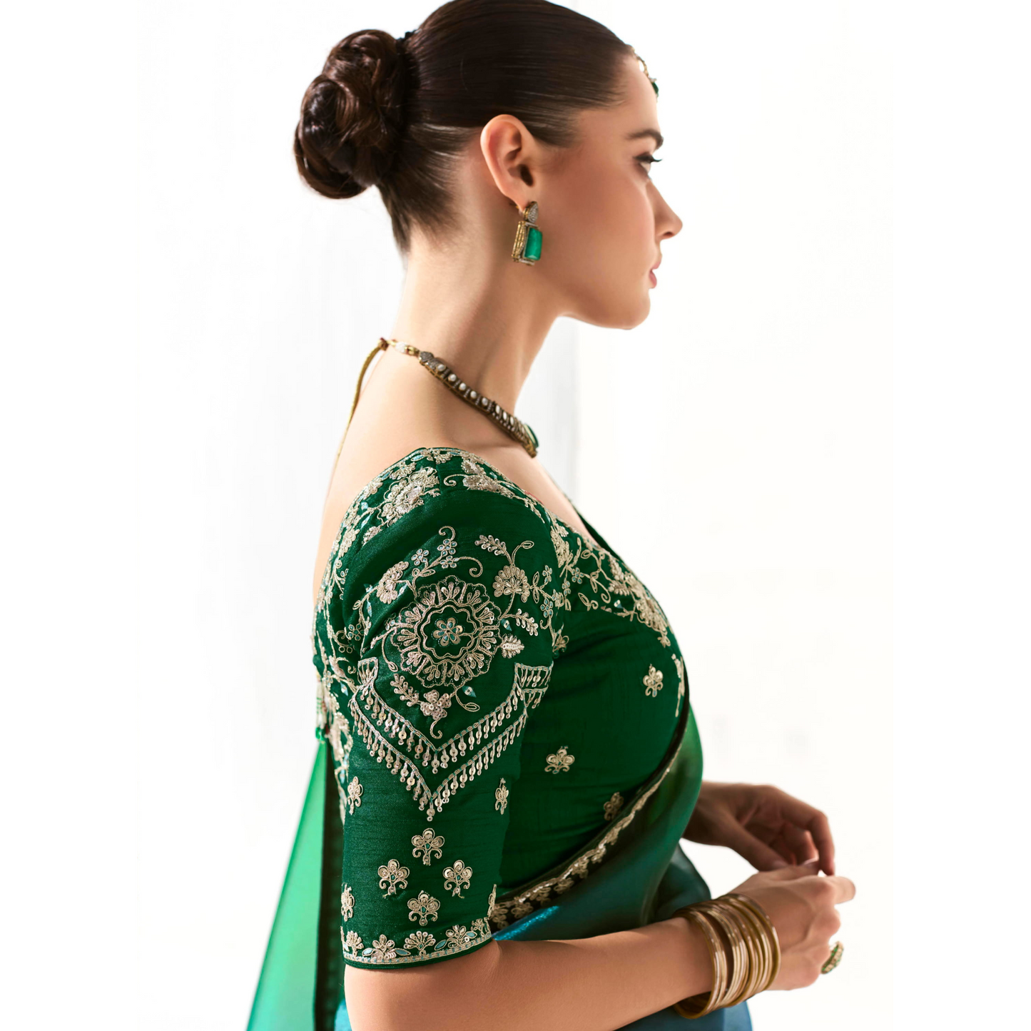 Mustard yellow with green and gold Runway Organza Tissue Saree