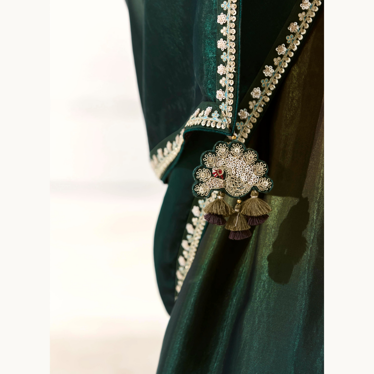 Dark green with gold Runway Organza Tissue Saree with Heavy Embroidered Border