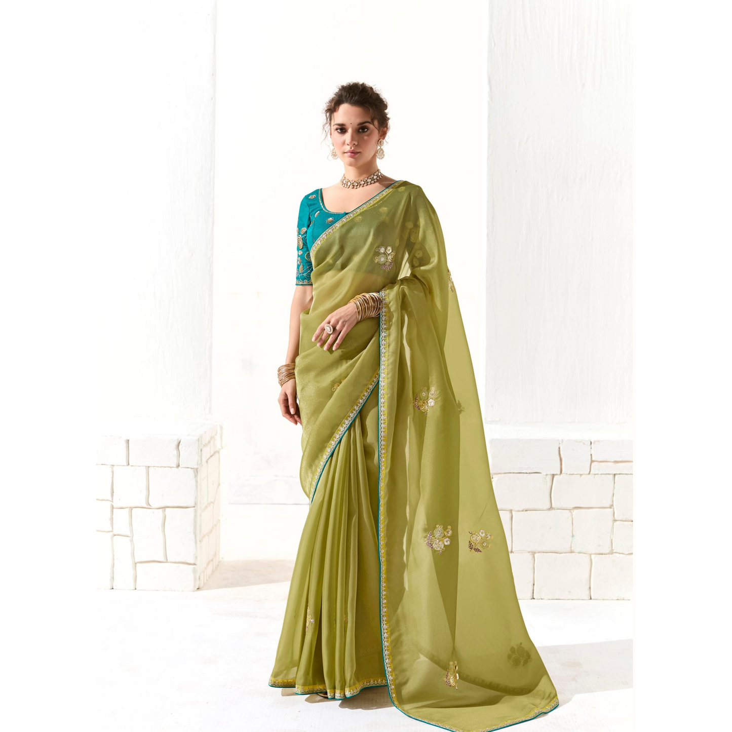 light green with a blue Runway Organza Tissue Saree with Heavy Embroidered Border
