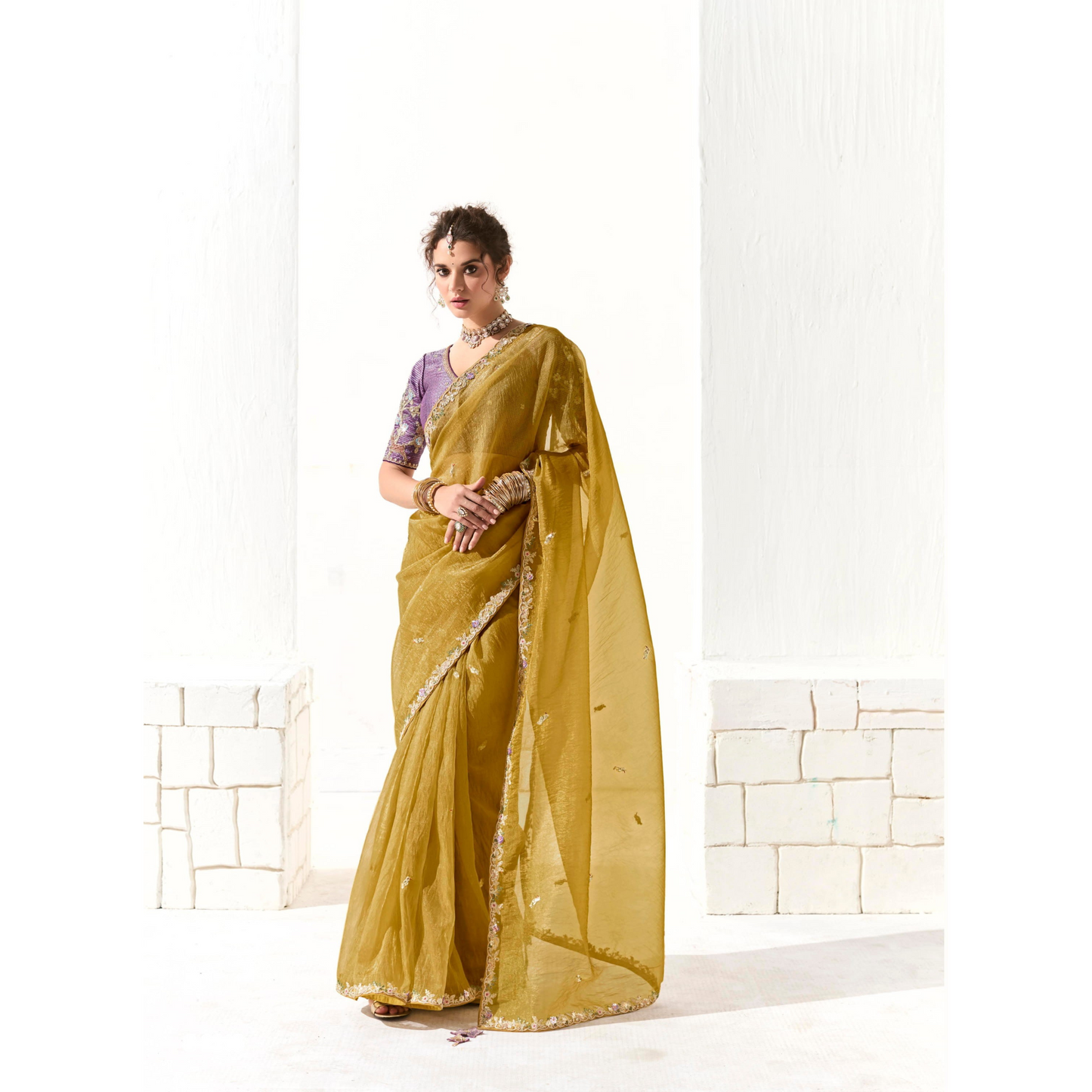 Yellow Runway Organza Tissue Saree with Heavy Embroidered Border – Designer Party Wear