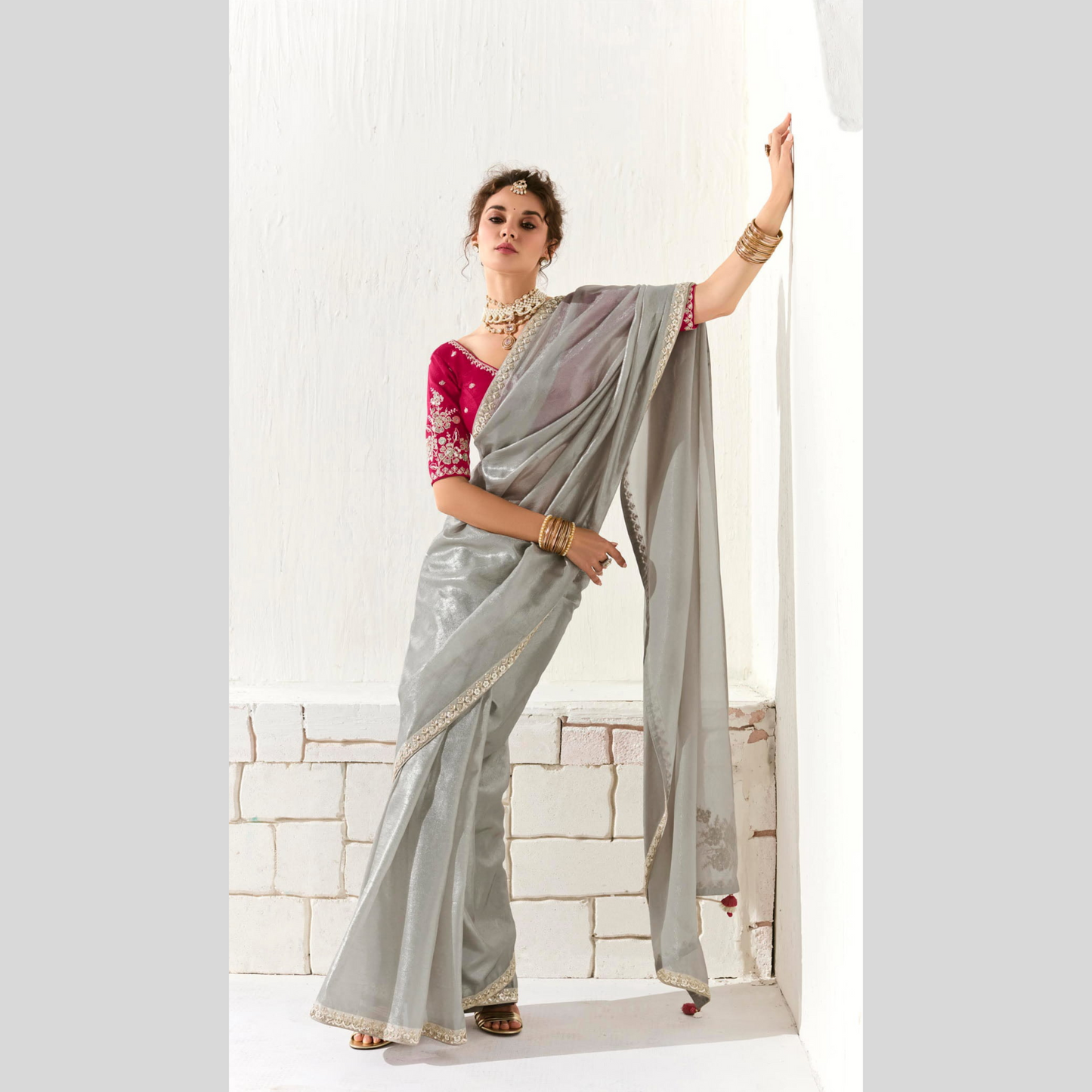 light grey with pinkish Runway Organza Tissue Saree with Heavy Embroidered Border