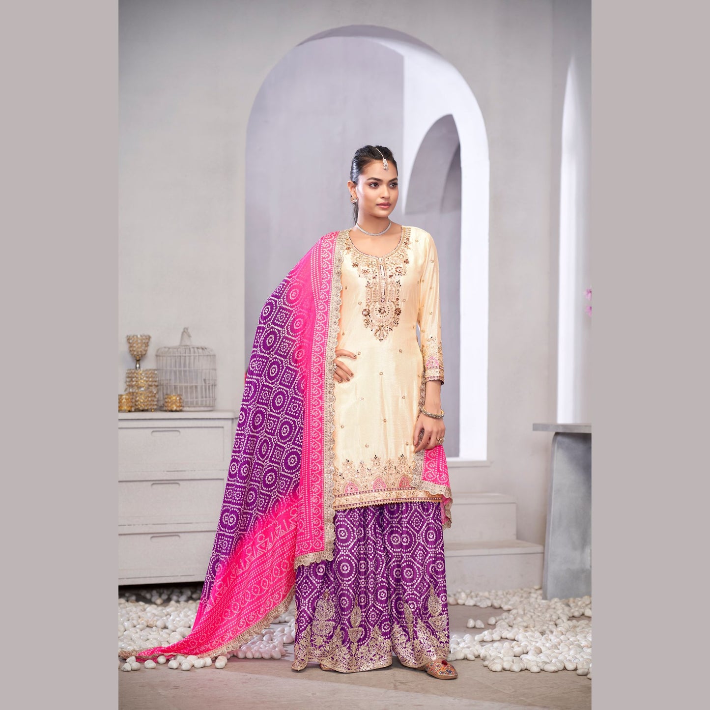 Orchid Bliss Purple & Ivory Chinon Palazzo Suit