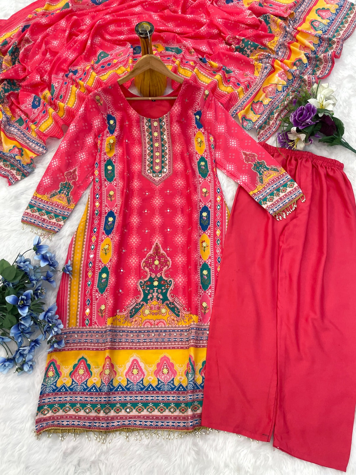 Elegant Fuchsia Ethnic Suit Set with Digital Print & Mirror Handwork – Maslin Cotton