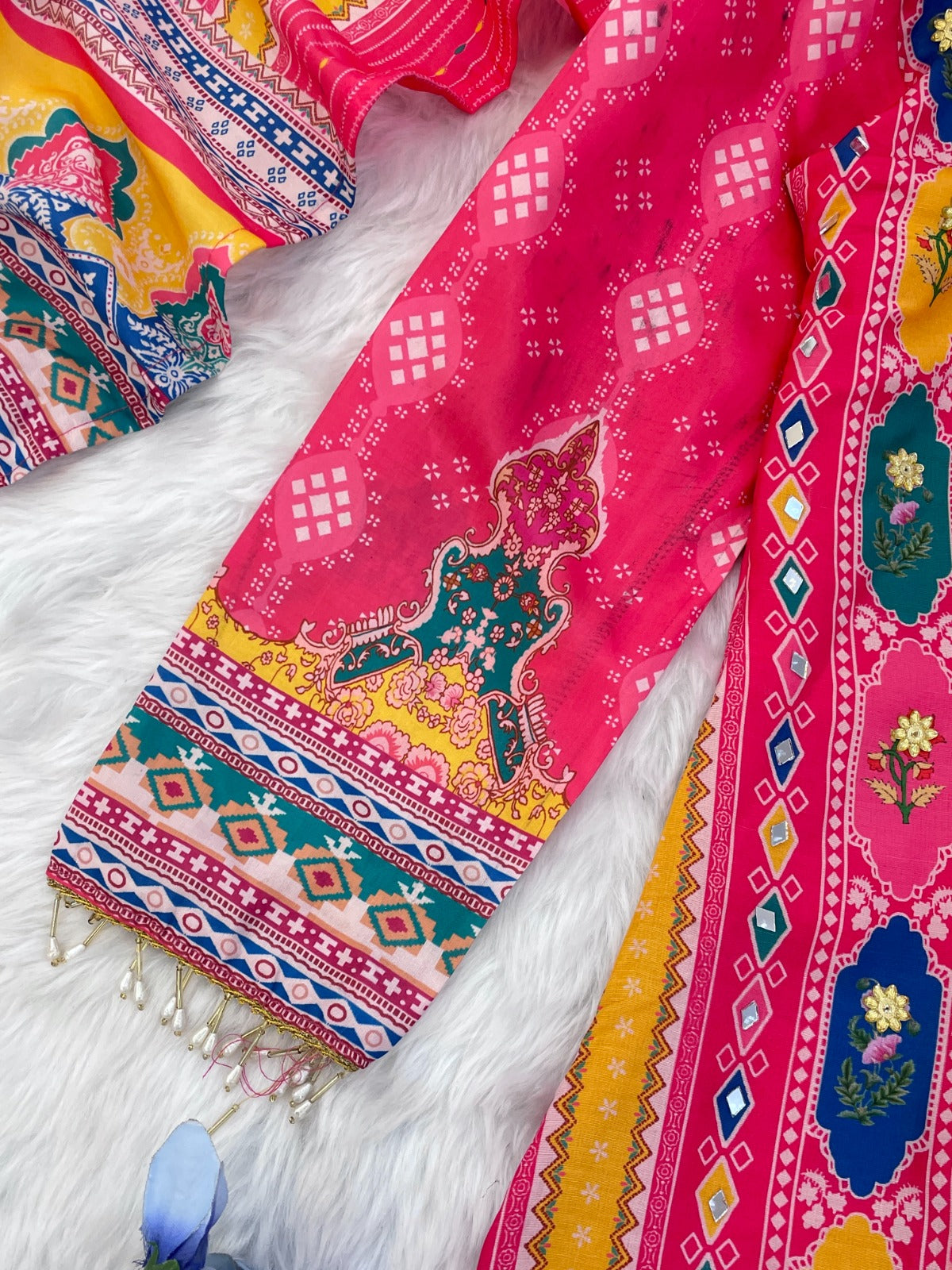 Elegant Fuchsia Ethnic Suit Set with Digital Print & Mirror Handwork – Maslin Cotton