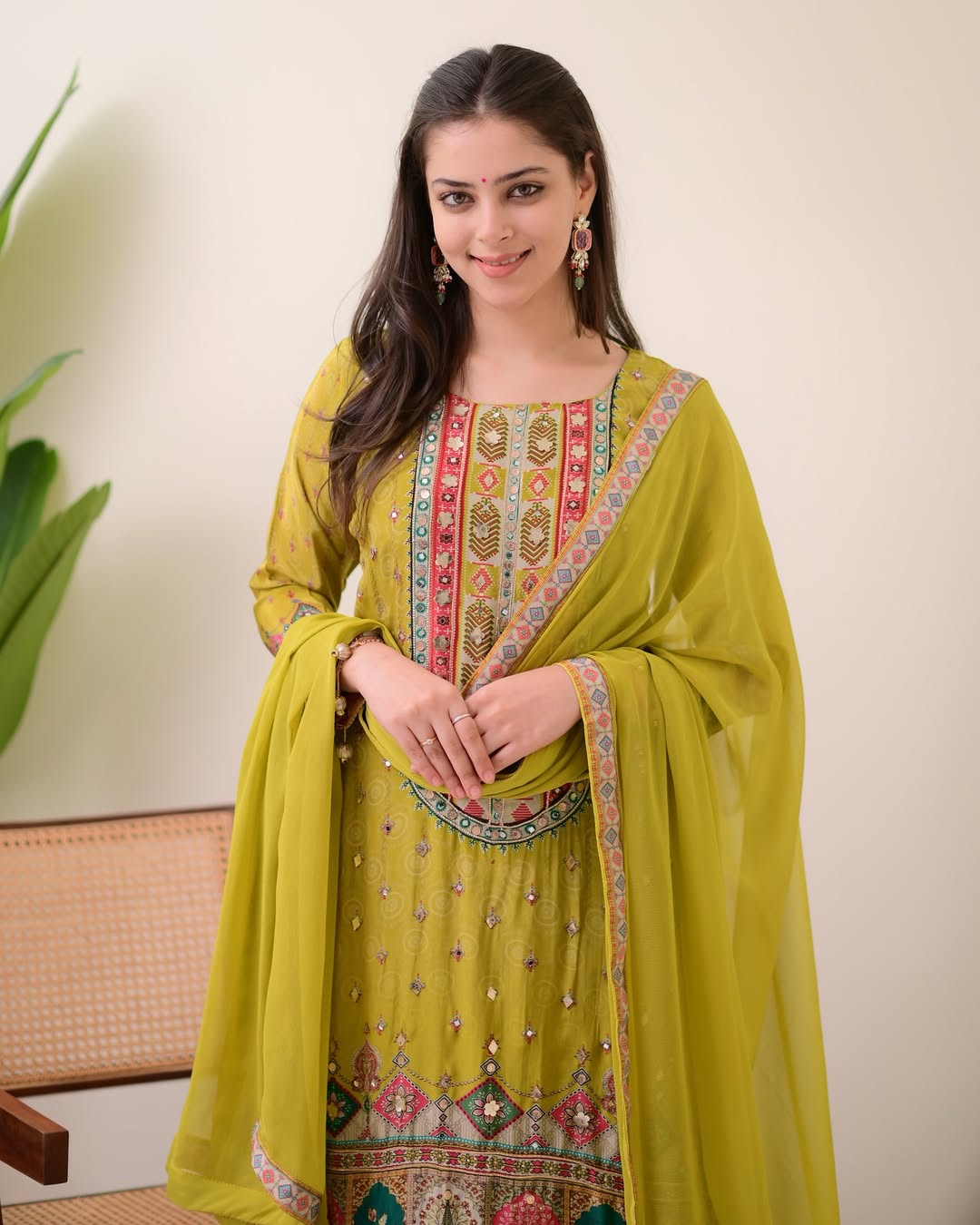 Heavy Muslim Cotton With Heavy Digital Print With Mirror Handwork Top-Bottom And Dupatta Set Fully Stitched