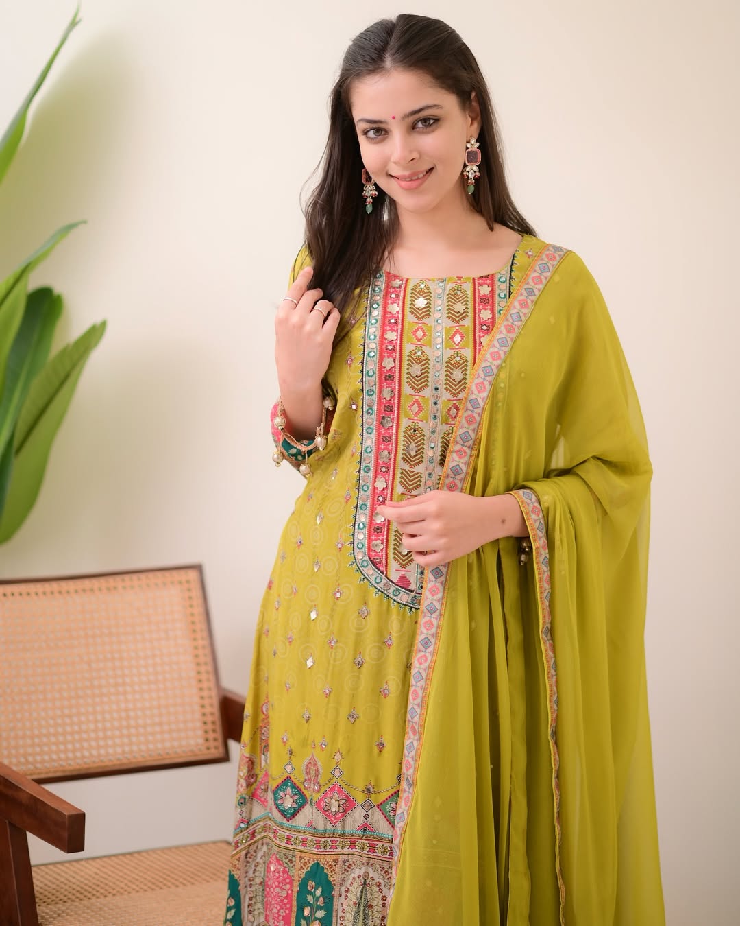 Heavy Muslim Cotton With Heavy Digital Print With Mirror Handwork Top-Bottom And Dupatta Set Fully Stitched