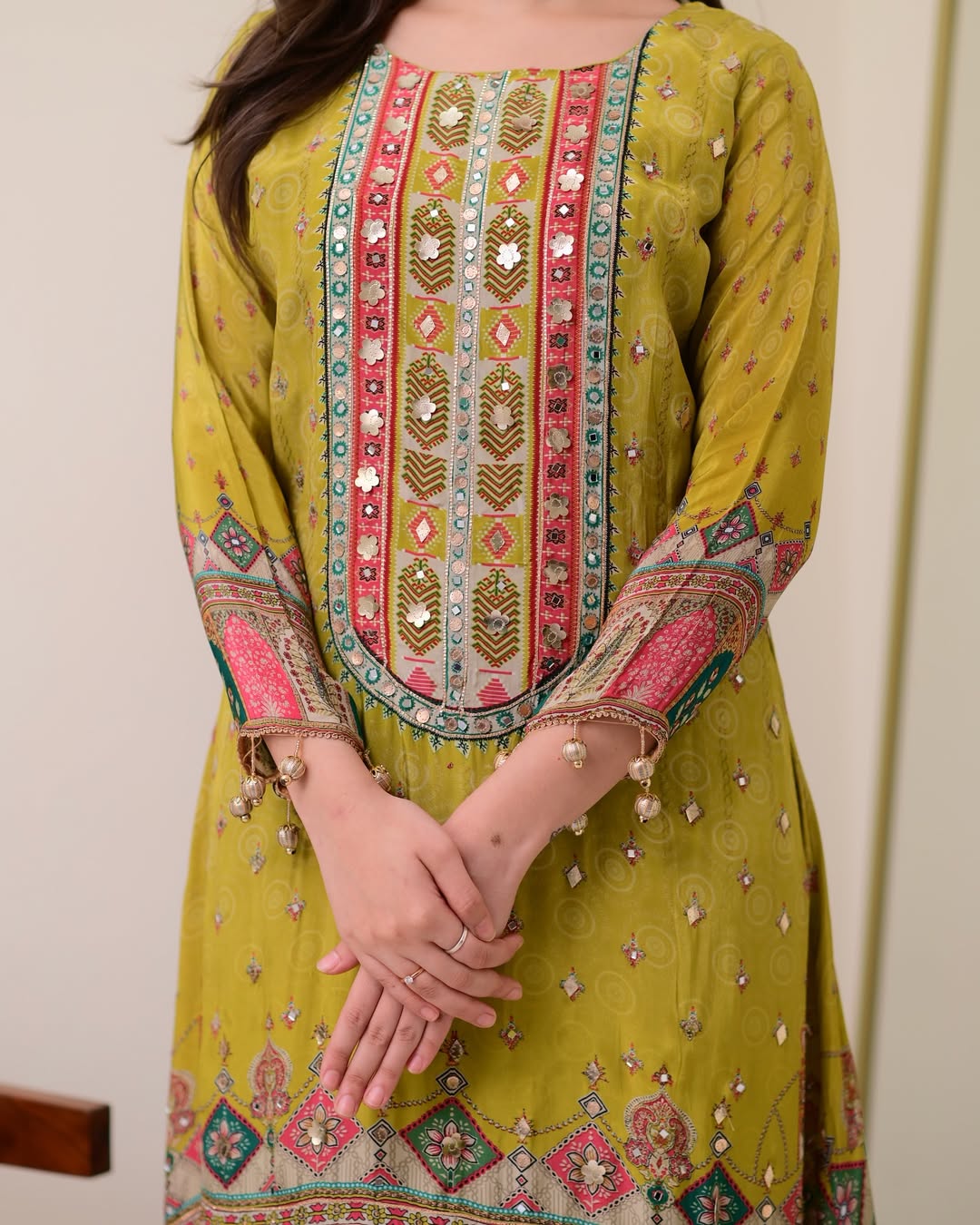 Heavy Muslim Cotton With Heavy Digital Print With Mirror Handwork Top-Bottom And Dupatta Set Fully Stitched