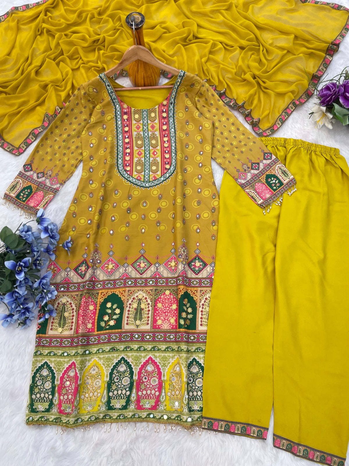 Heavy Muslim Cotton With Heavy Digital Print With Mirror Handwork Top-Bottom And Dupatta Set Fully Stitched