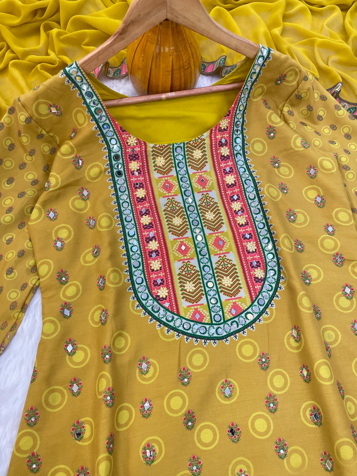 Heavy Muslim Cotton With Heavy Digital Print With Mirror Handwork Top-Bottom And Dupatta Set Fully Stitched