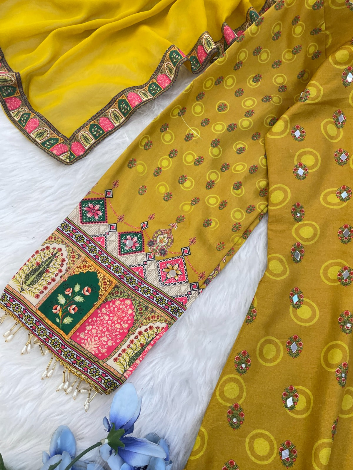 Heavy Muslim Cotton With Heavy Digital Print With Mirror Handwork Top-Bottom And Dupatta Set Fully Stitched